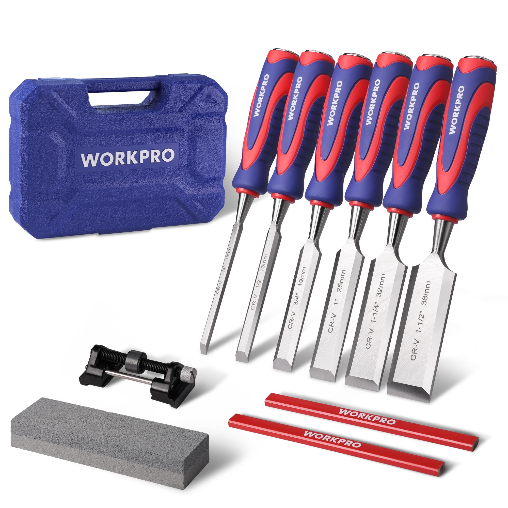 WORKPRO Jeu de 10 Ciseaux à Bois 6/13/19/25/32/38 mm avec Guide d’Affûtage, Pierre à Aiguiser et 2 Crayons, Coffret Ciseaux à Bois avec Manche Ergonomique pour Menuiserie, Sculpture, Travail du Bois