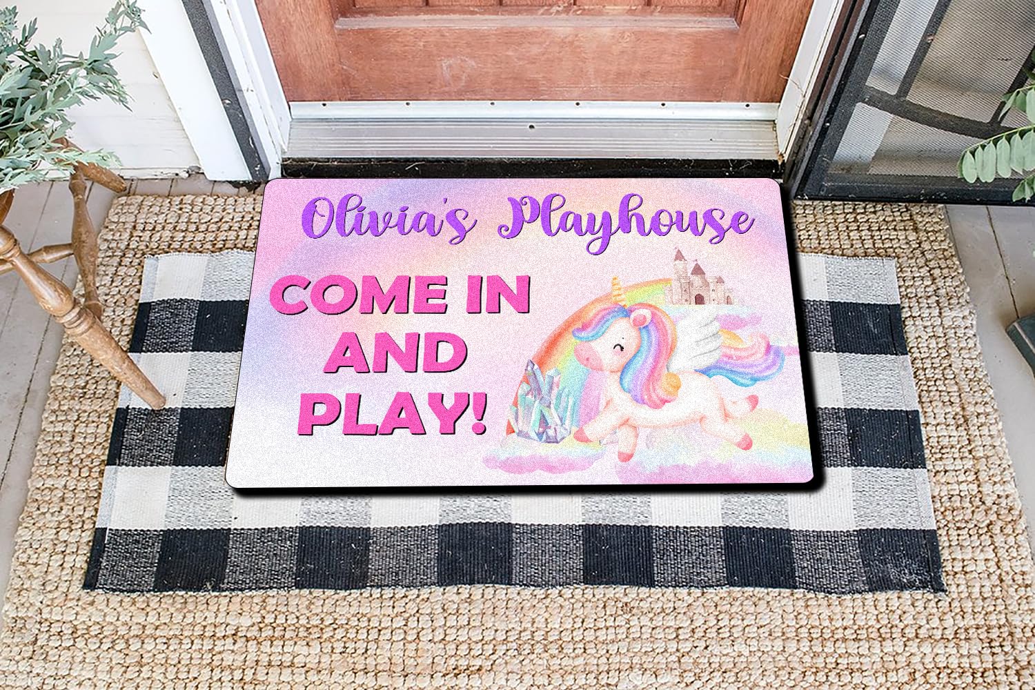 VOTANTA Personalized Playhouse Doormat Come in and Play Colorful Unicorn Castle Mat for Kids Girls Custom Name Playhouse Sign Treehouse Yard Clubhouse Decor Playground Welcome Mat Rug 24