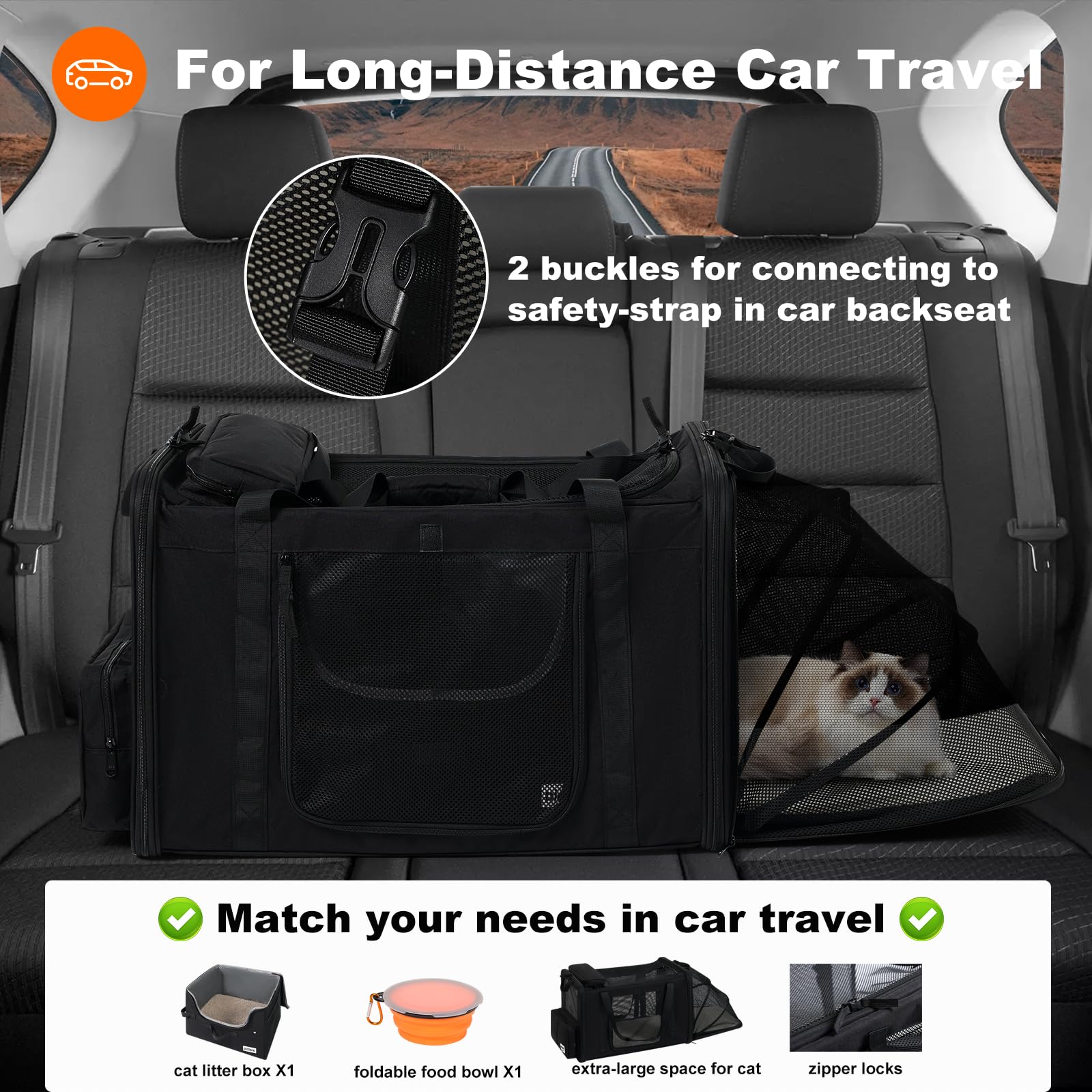 25''(L) x 17''(W) x 17''(H) Extra Large Expandable cat Carrier for car Travel,Soft Crate for 1 Large / 2 Medium Cats up to 35 lbs,Long Road Trip cage with a Leakproof Portable Litter Box - image 7