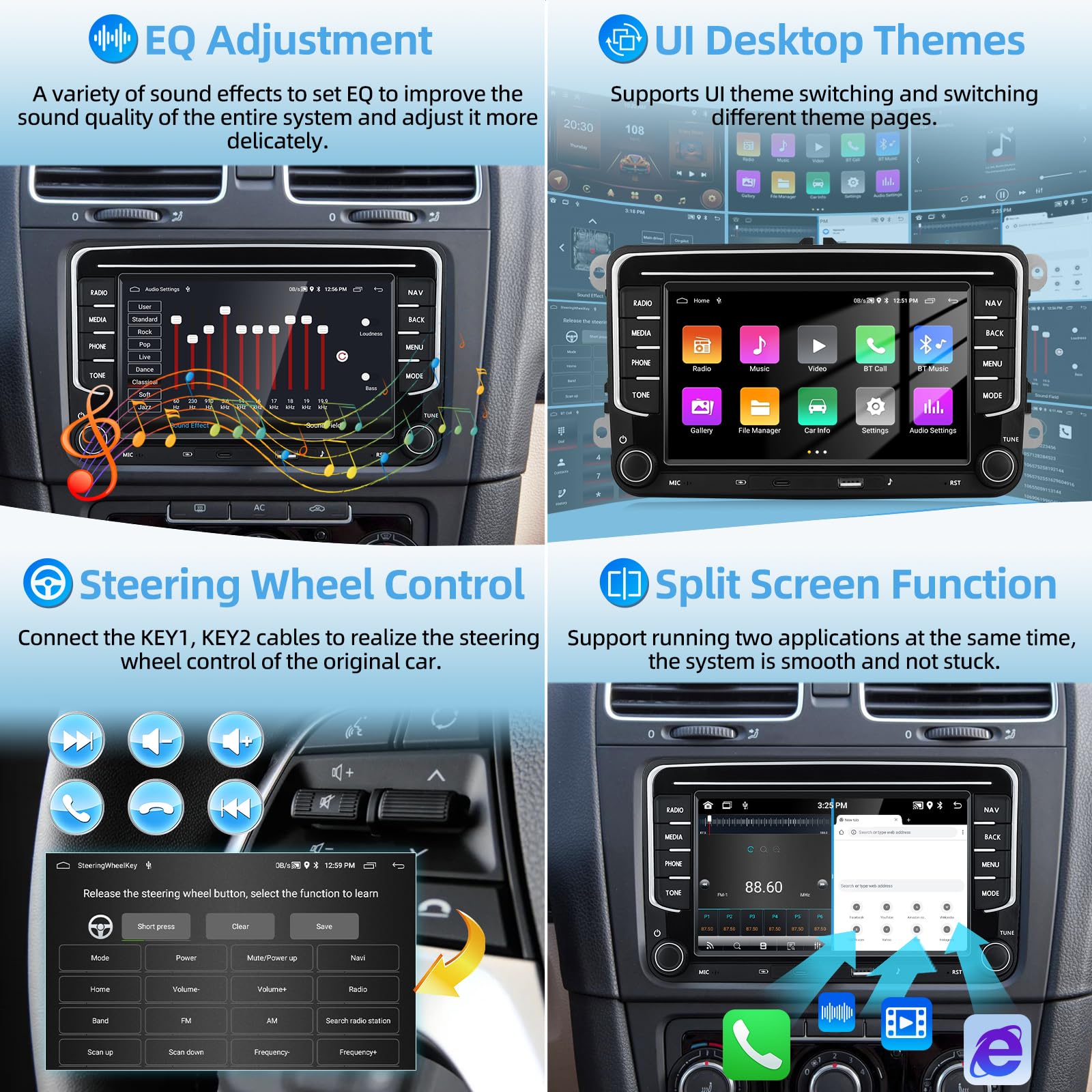 Autoradio 2+64G per VW Seat Passat Golf 5 6 Polo Skoda con Carplay Android Auto,Radio Stereo Android 15 da 7'' con GPS/WiFi/Bluetooth/EQ/FM/RDS/Type-C,Telecamera di Retromarcia AHD e Microfono