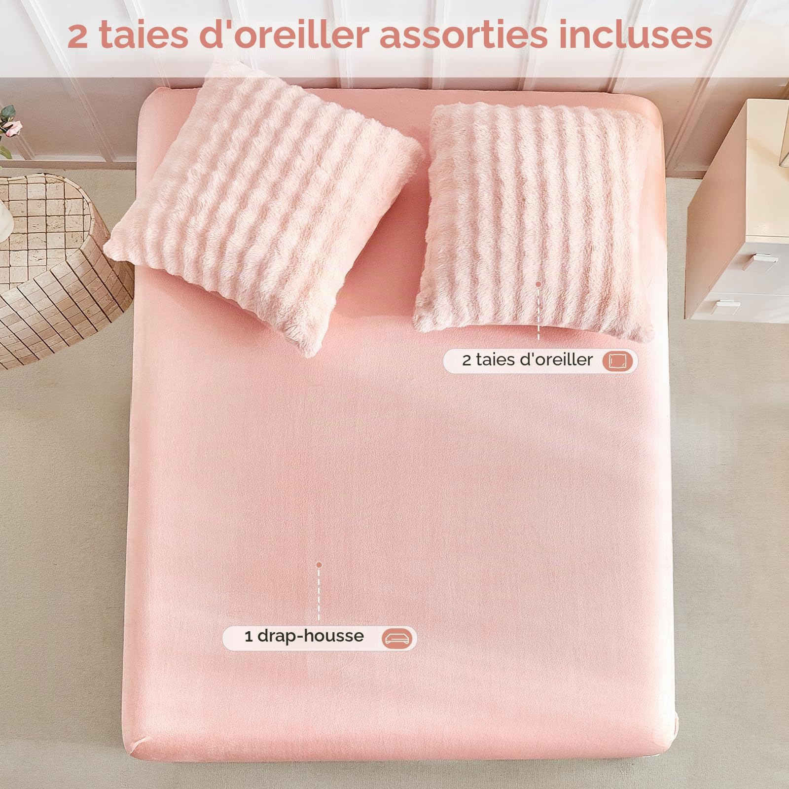 Tokokimo Flanelle Drap Housse 180x200cm - Rose - Grand Bonnet 35cm