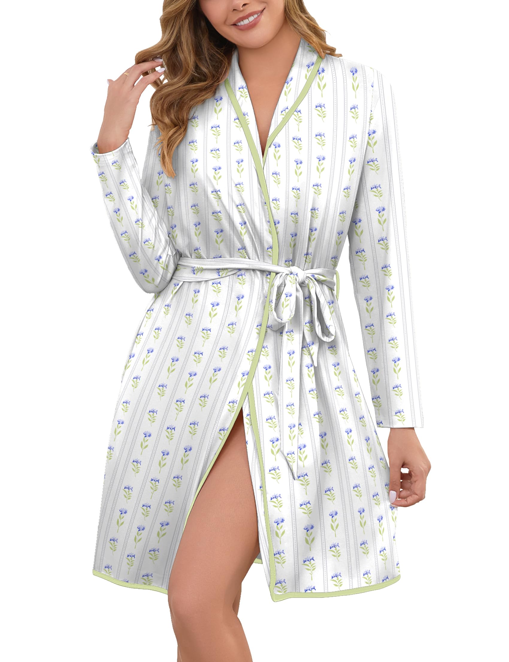 Robes for Women Print Long Sleeve Kimono Bath Robe Lightweight House Coat Bathrobe Loungewear with Pockets
