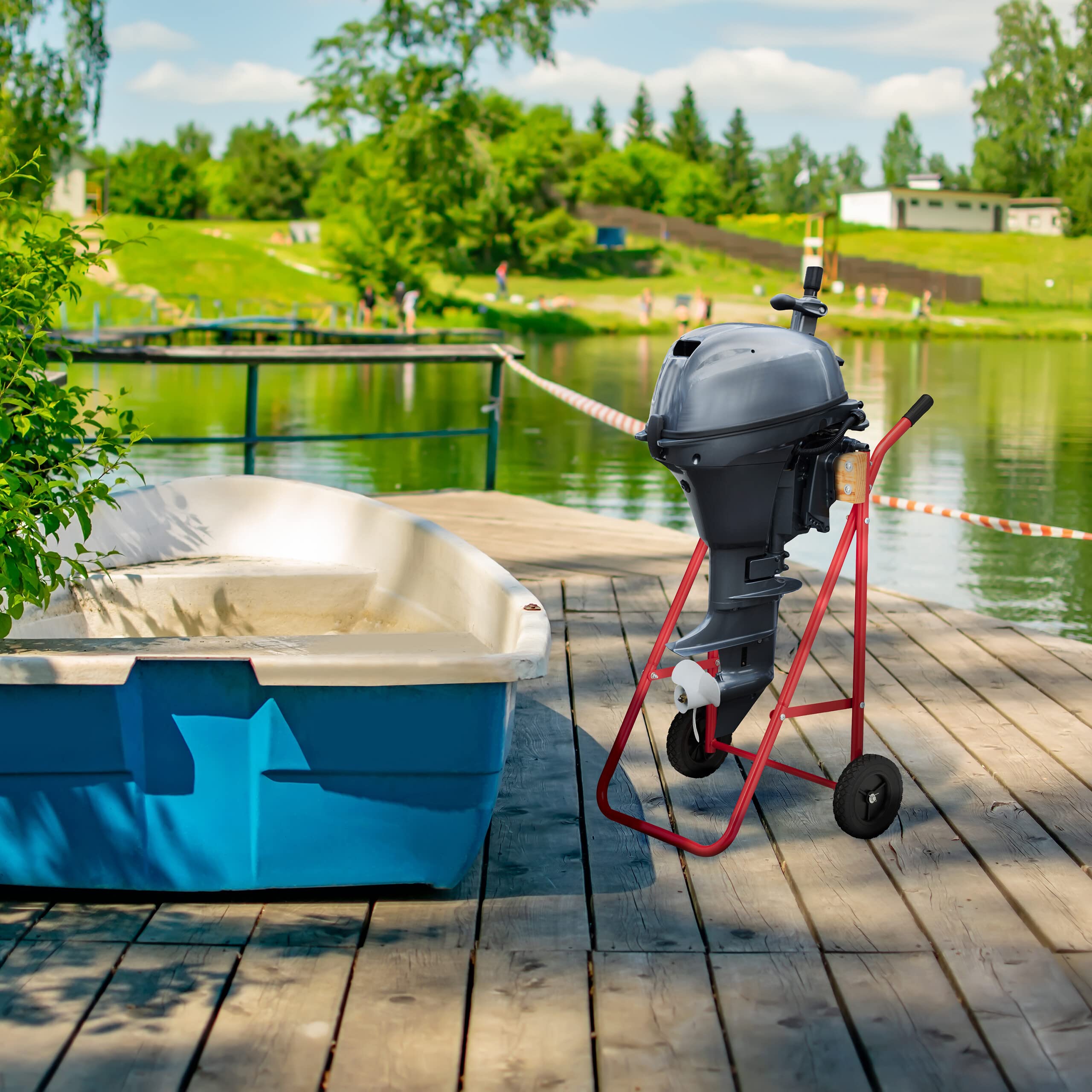 Relaxdays Supporto per Motore Fuoribordo, Carrello per Il Trasporto e Lo Stoccaggio, in Acciaio, Fino a 100 kg, Rosso