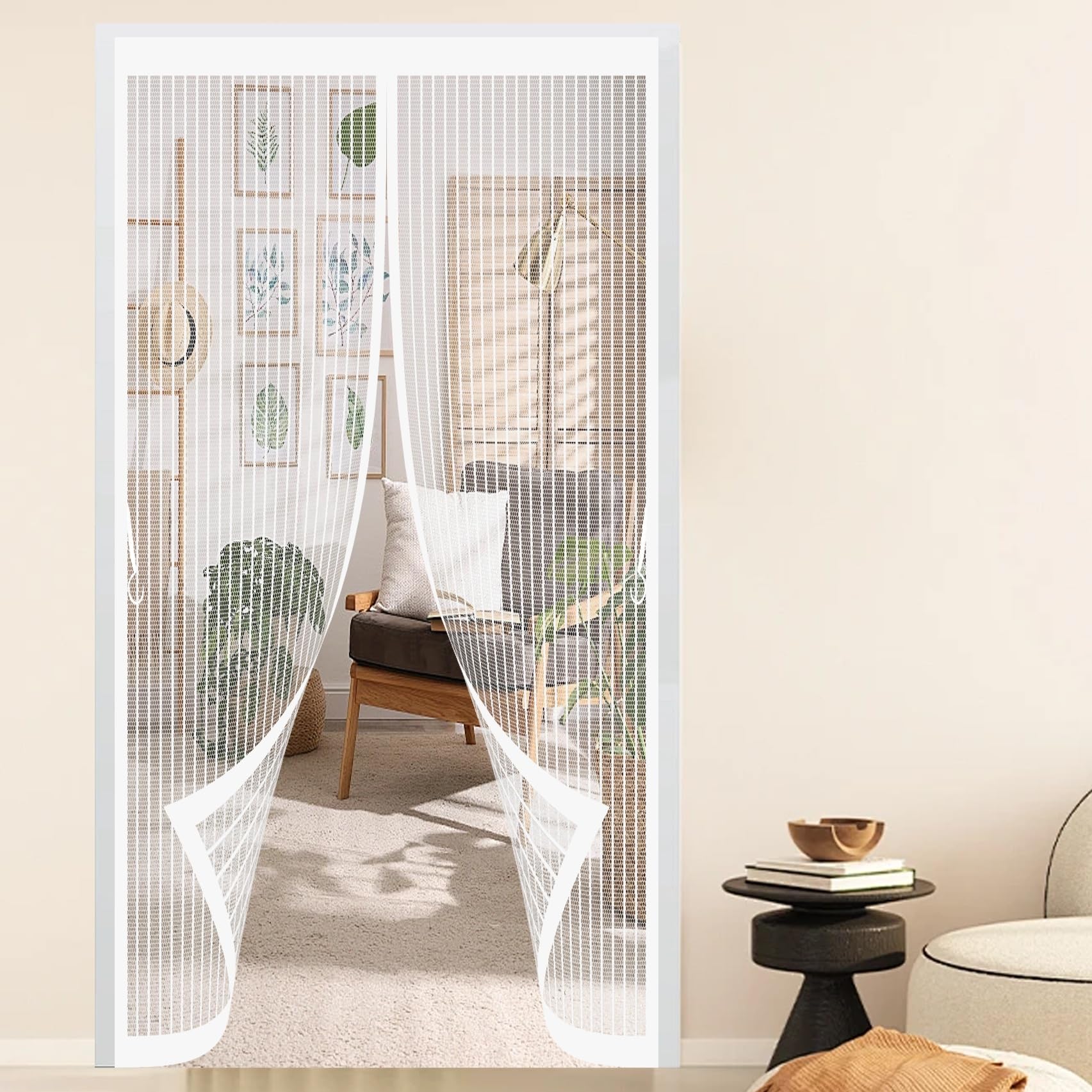 Xueqxue White Fly Nets For Doors 188 X 220 Cm With Powerful Magnets & Full Frame Magic Tape No Gap, Lets Fresh Air In, Keep Bugs Out Magnetic Thermal Door Curtain For Patio Doors Bedroom,