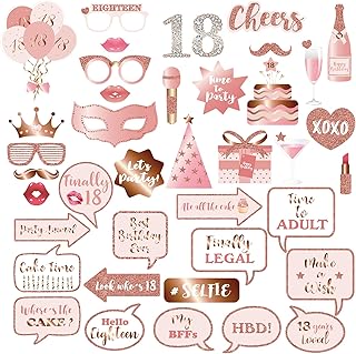 18th Birthday Party Photo Booth Props and Signs, Rose Gold 18 Birthday Party Selfie Props Kit with Sticks for Girls Women, Eighteen 18th Happy Birthday Party Decorations Supplies Favors