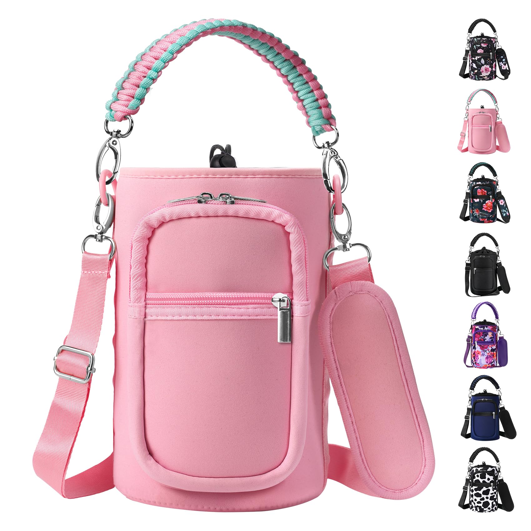 AceTreker Water Bottle Holder with Strap, 64/128 oz Insulated Water Bottle Carrier Sling Bag with Phone Pocket Jug Sleeve for Walking Hiking-Pink