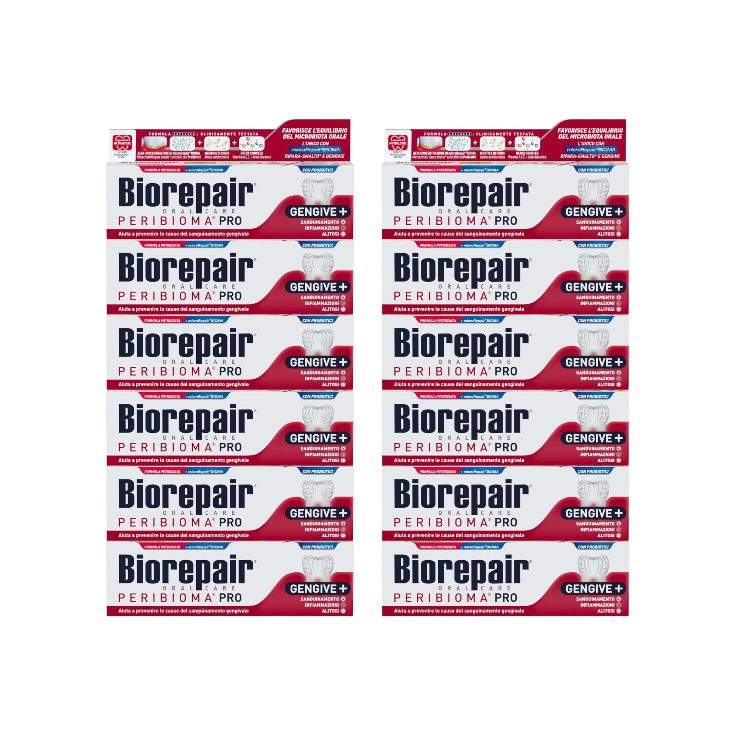 Biorepair, Dentifricio Peribioma, Pro Gengive+, 12 Confezioni da 75 ml, per un Normale Microbiota Orale, Previene Sanguinamento Gengivale e Protegge dalla Placca Gengivale