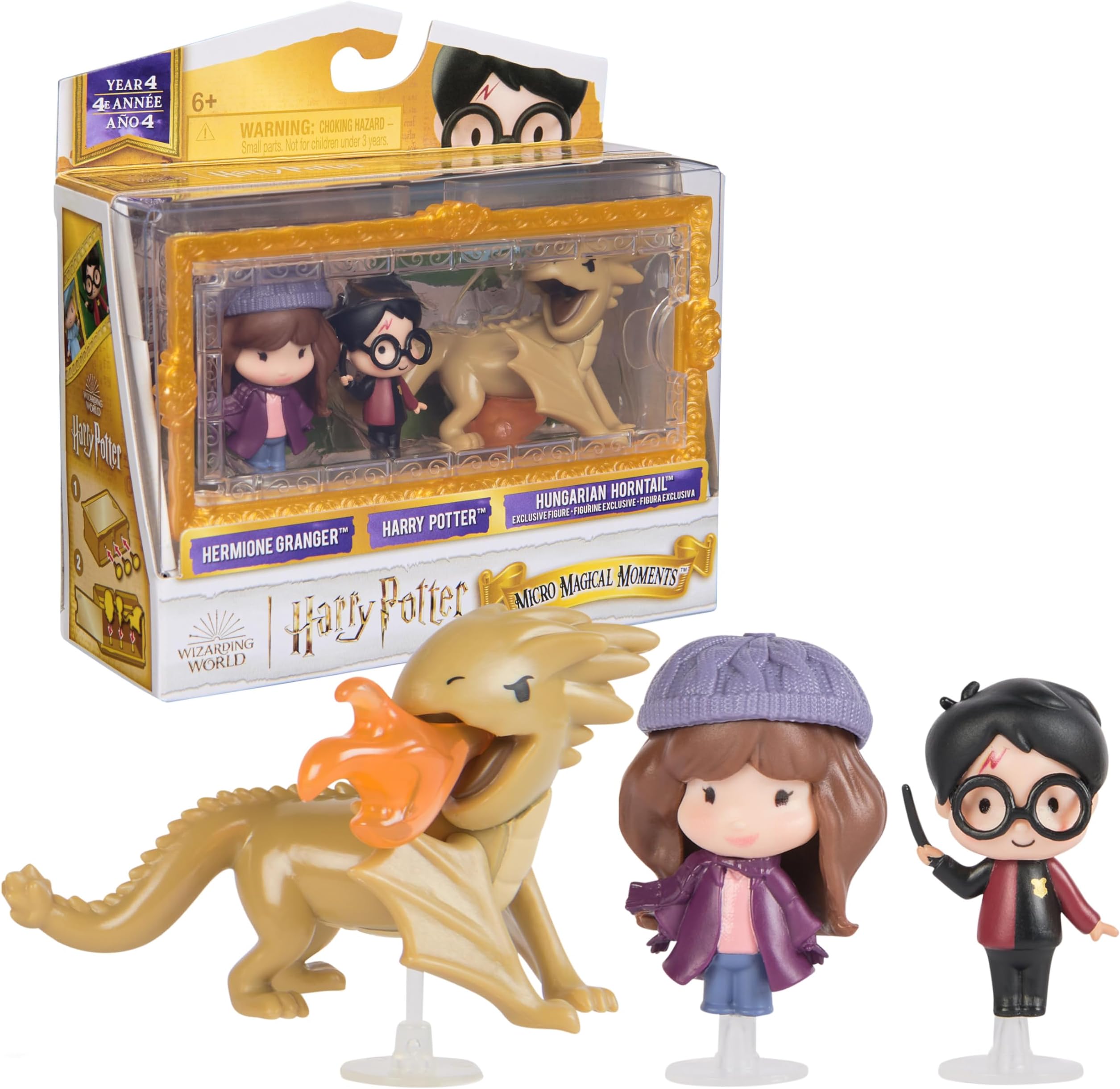 Wizarding World Harry Potter, Micro Magical Moments Year 4 Set with Harry, Hermione & Hungarian Horntail Dragon Toy & Display Case, Kids Toys