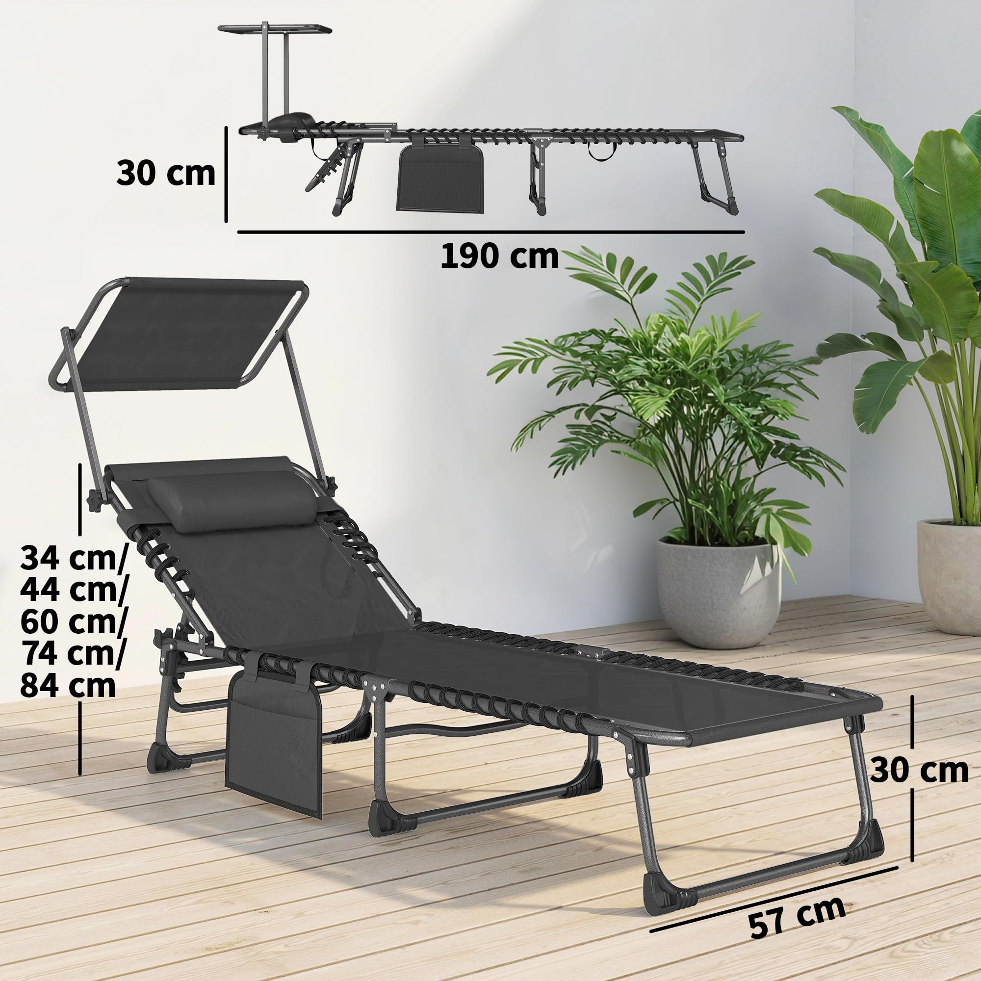 Outsunny Set de 2 Tumbonas Jardín Exterior, Tumbonas Plegables con Reposacabezas, Parasol y Bolsillo Lateral, Respaldo Reclinable 5 Posiciones y Asiento Malla Transpirable para Playa, Piscina, Negro