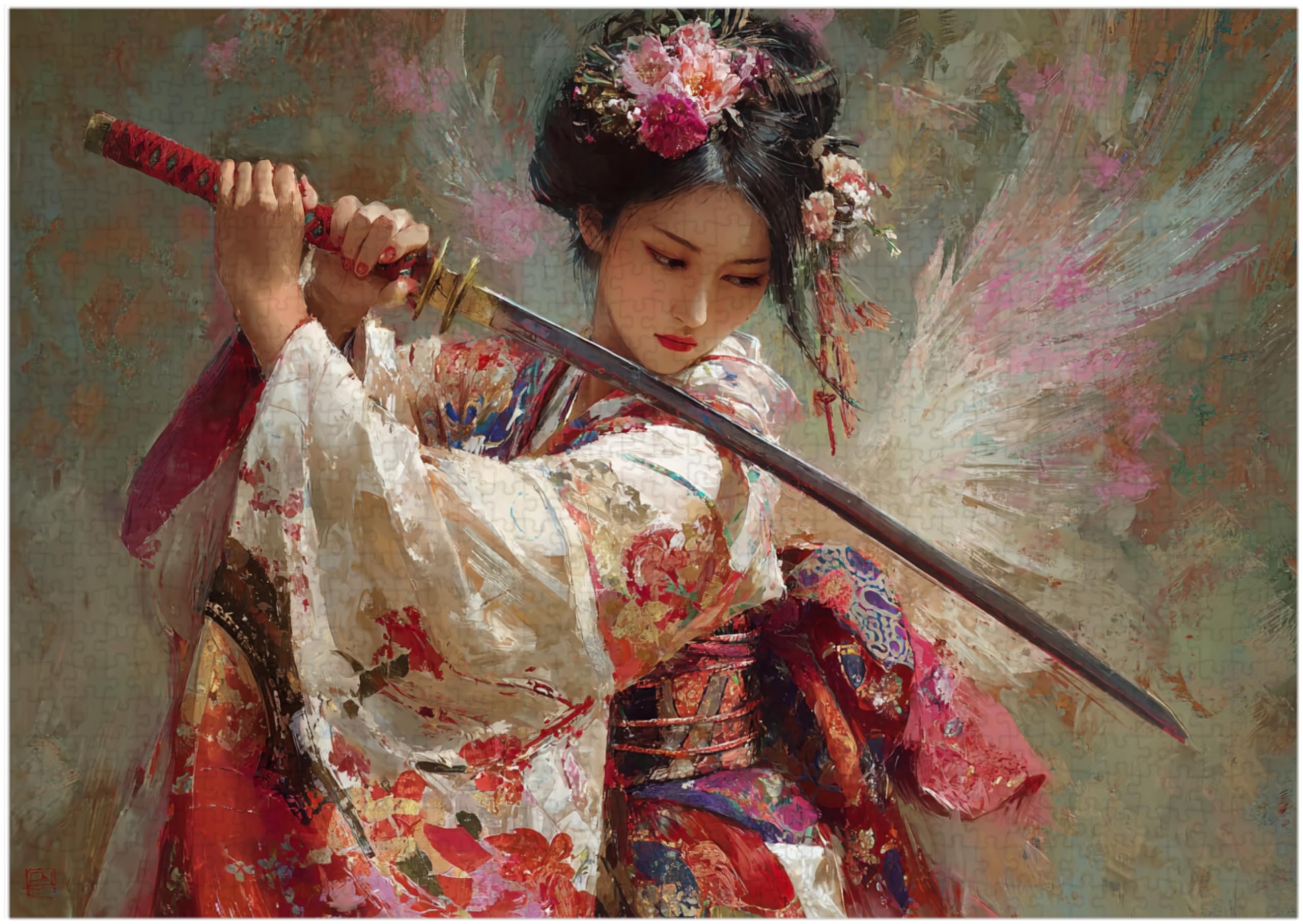 Dance of Angel Jigsaw Puzzle 1000 Pieces for Adults - A Traditional Japanese Woman Dance with Sword - Gift for Geisha and Kimono Lovers - 1000pc Oriental Puzzles (50x70cm / 19.685"x27.559")