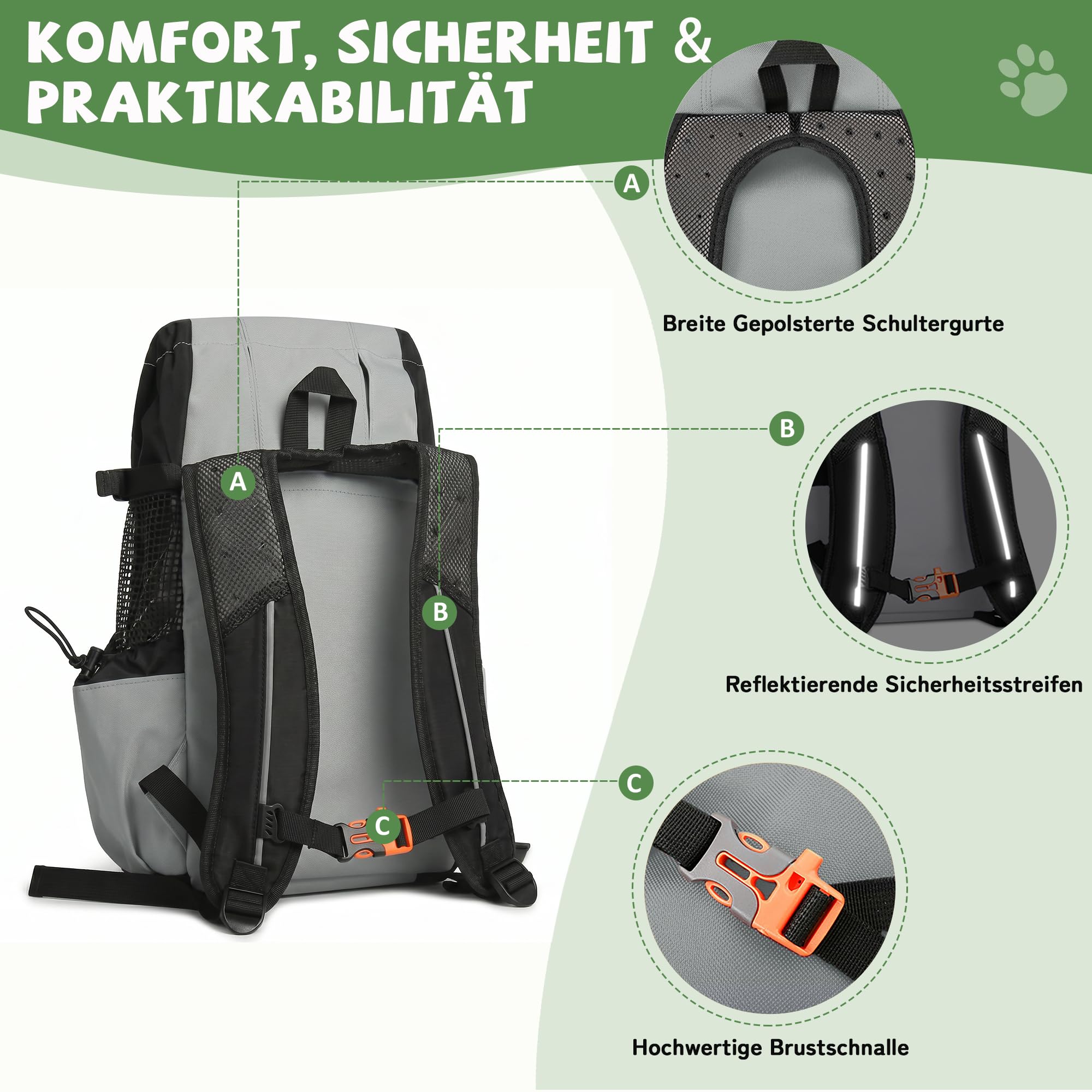 ALLSOPETS Hunderucksack Tragetasche Verstellbar für Kleine Mittelgroße Hunde, Haustier Rucksack zum Spaziergang Wandern Camping Bergsteigen Reisen (Salbeigrau, L)