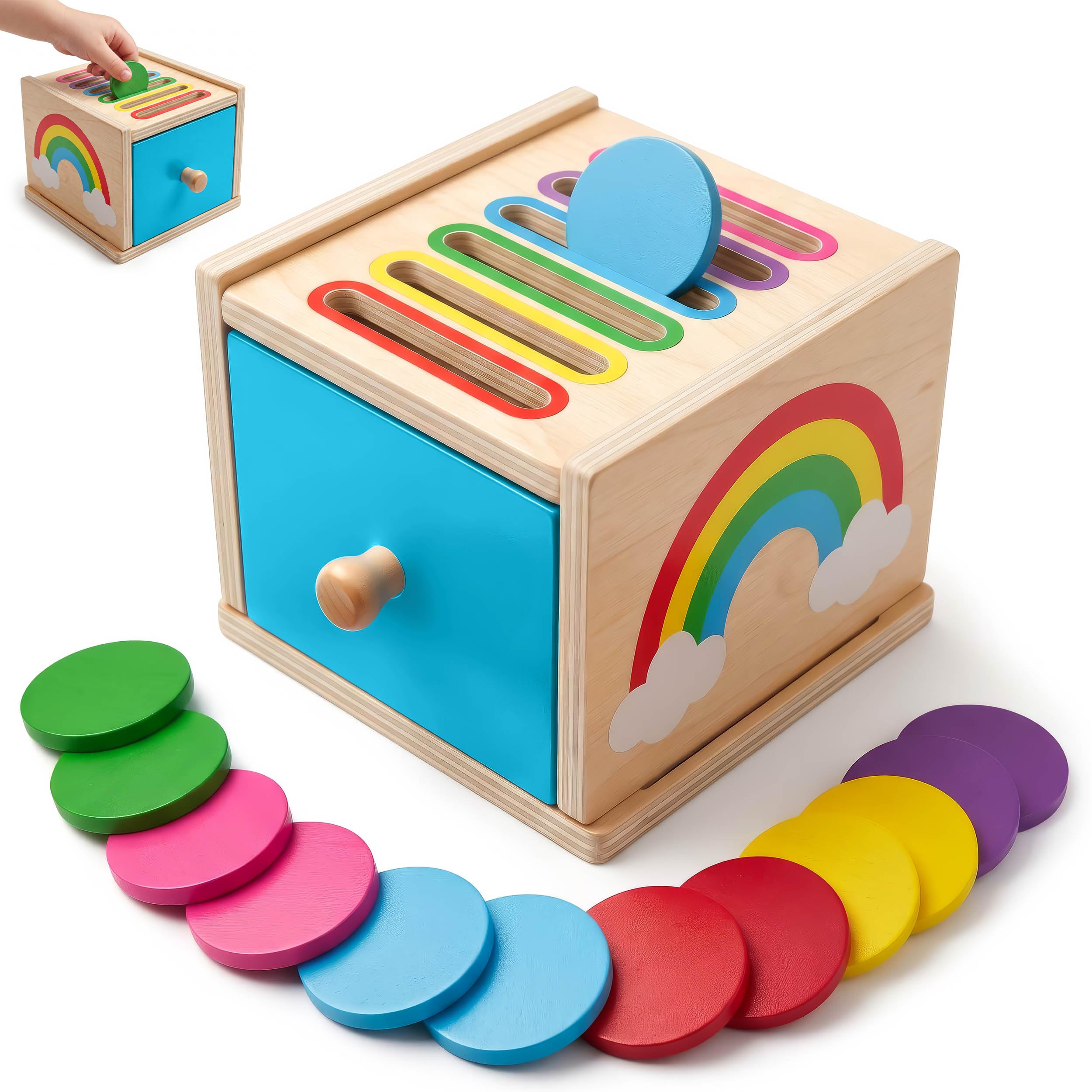KATYBELLA Montessori Toys for 1 Year Old, Wooden Rainbow Coin Box Colour Sorting Toy, 12 Months+