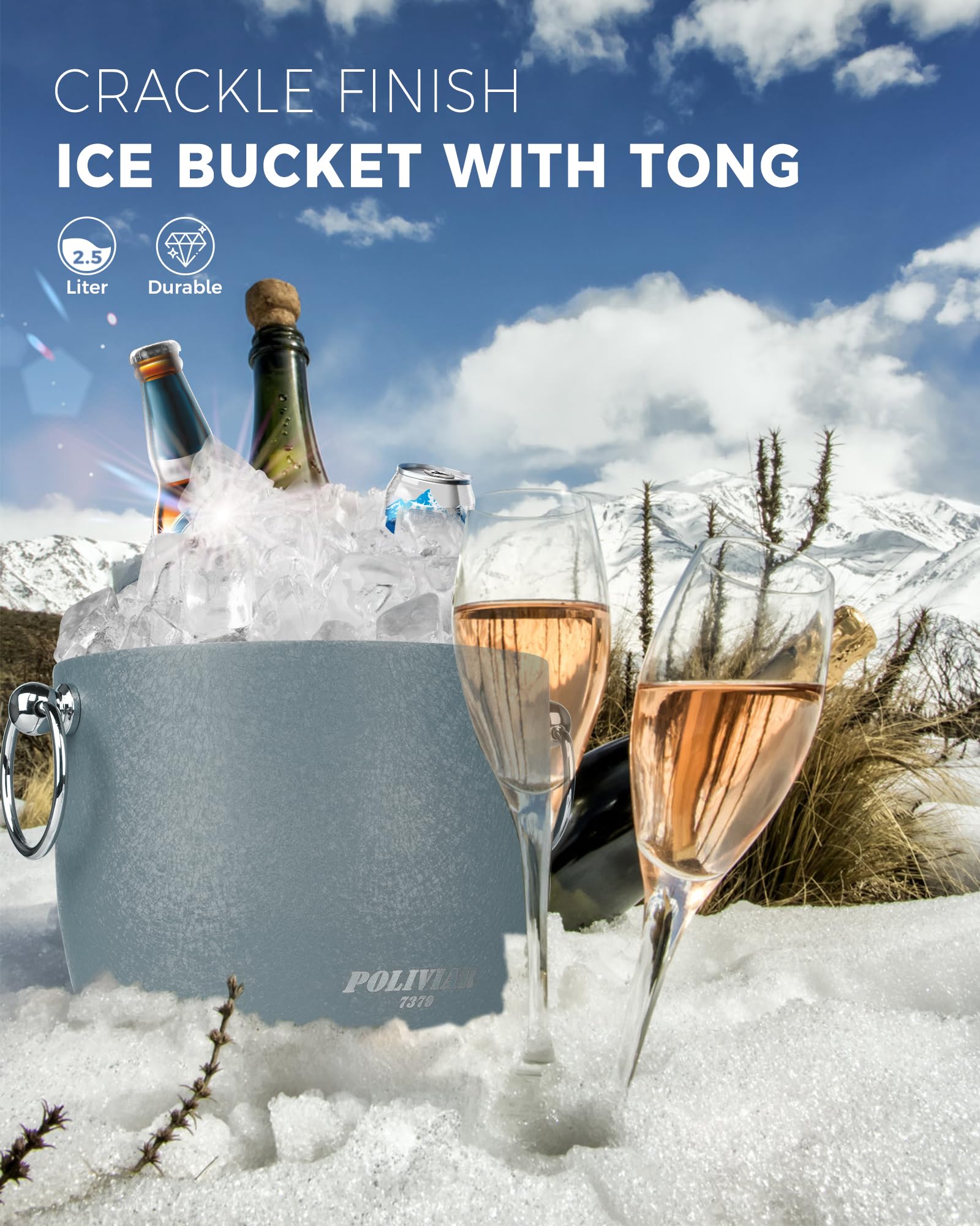 POLIVIAR JX2023-IBLU - Cubo de hielo de acero inoxidable con pinza