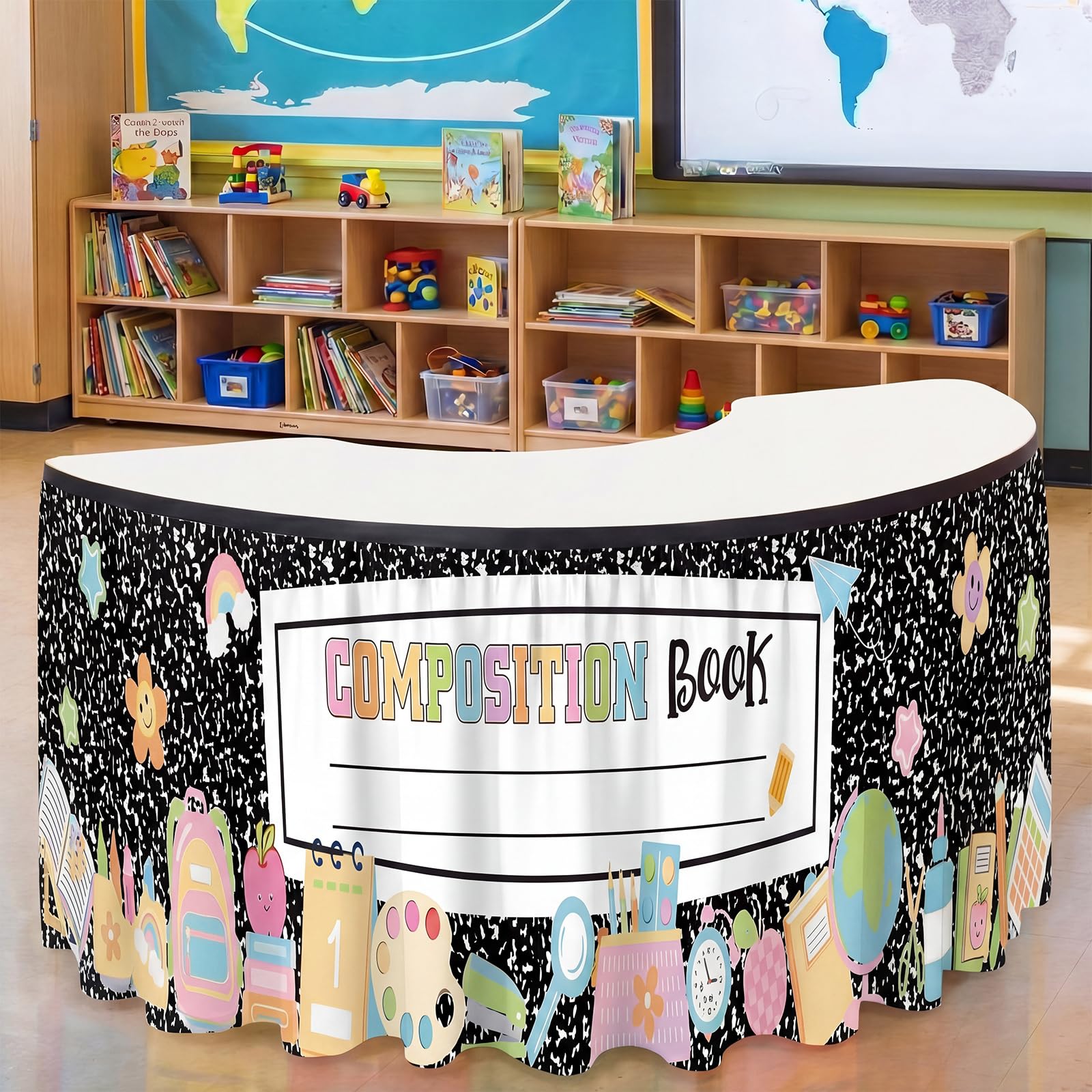 Gilprop 14 ft Composition Teacher Table Skirt Notebook Ruffled Table Skirt for Teacher Desk Pastel Desk Curtain Decoration Office Kindergarten Preschool Party Supplies for Office Bookcase Cabinet