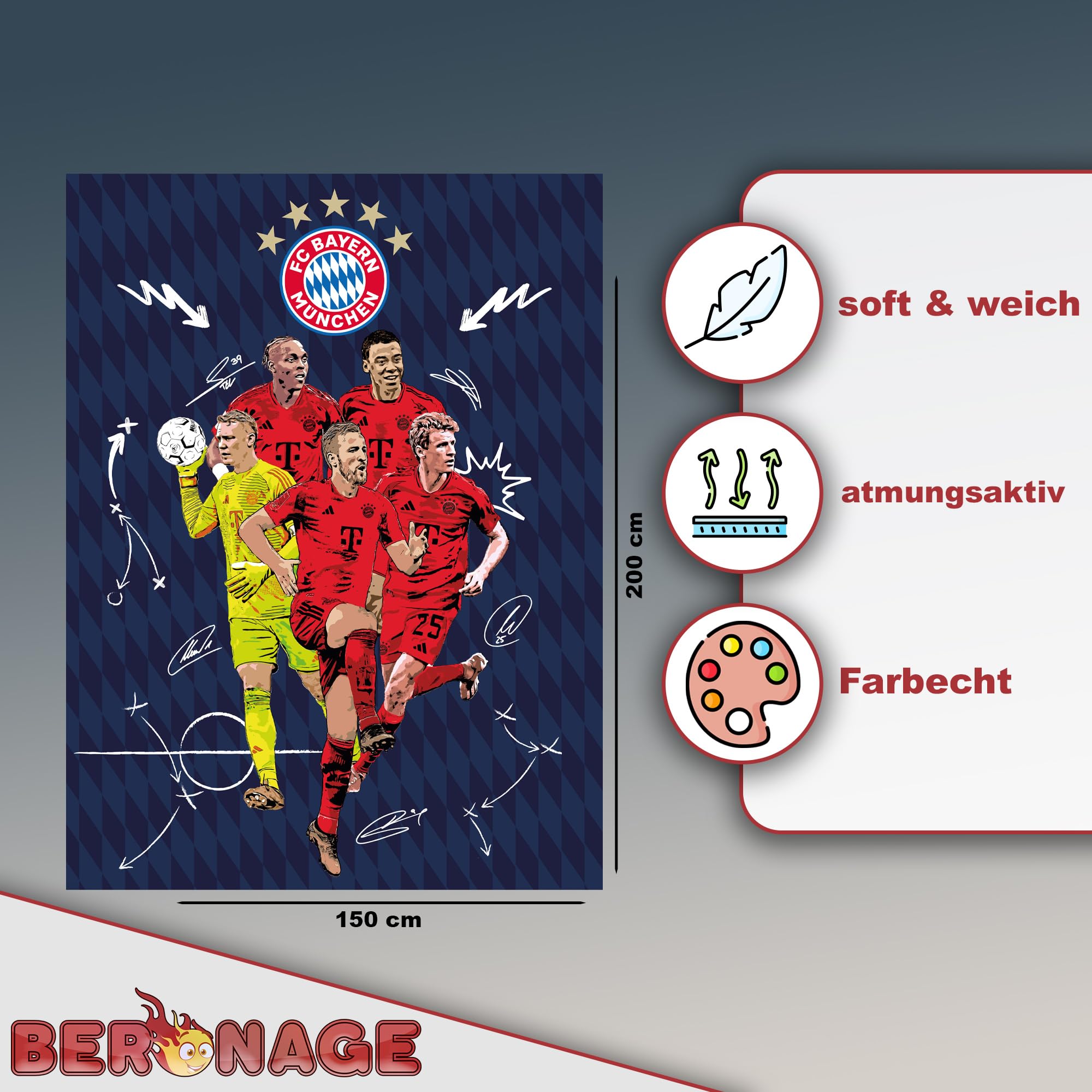 FC Bayern München Decke Player 150 x 200 cm – Kuscheldecke Motiv: Harry Kane, Neuer, Müller, Tel – Ideal für Sofa und Bett – Mia san Mia Fanartikel, passend zur FCB Fußball Fan-Bettwäsche