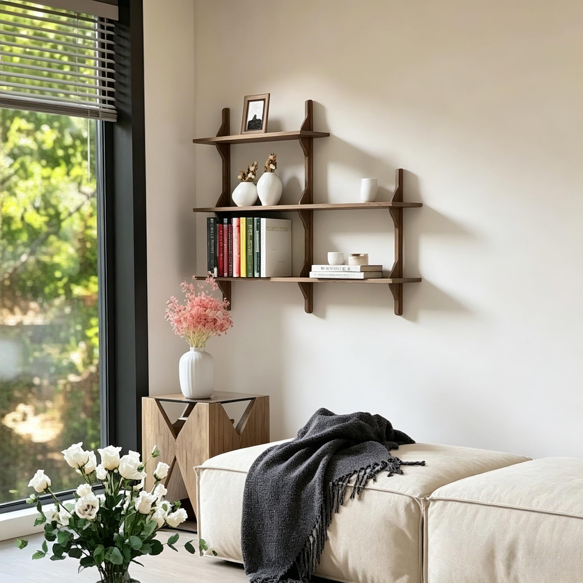 Wandregal Holz 3-Stöckiges Bücherregal Wand (Walnussfarbe, 120cm)