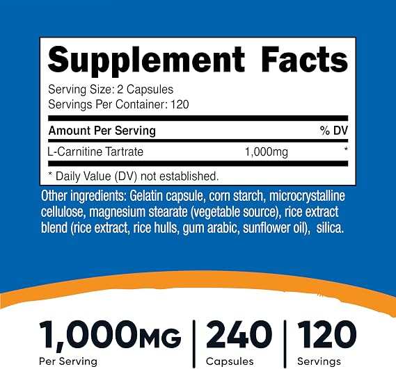 Nutricost L-Carnitine Tartrate 500mg, 240 Capsules - 1000mg Per Serving (3 Bottles)