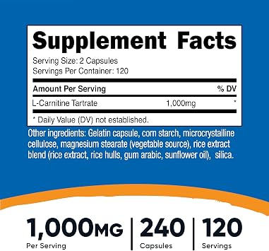 Nutricost L-Carnitine Tartrate 500mg, 240 Capsules - 1000mg Per Serving (3 Bottles)