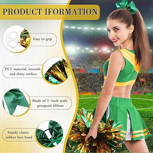 Miniatura 87 de Hanaive 3 pompones de animadora y lazo grande para animadora para el pelo, suministros metálicos para animadora de espíritu de equipo, deportes