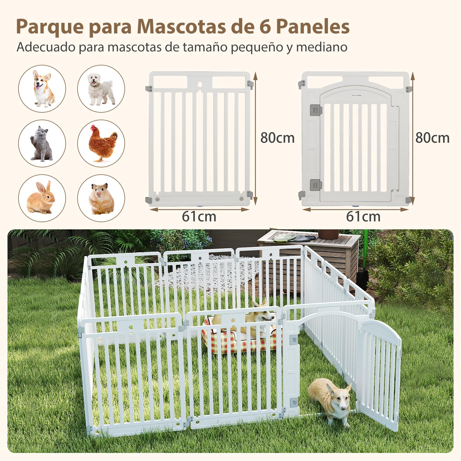 GYMAX Valla para Perros, Cercado Portátil de 6 Paneles HDPE, para Cachorros y Mascotas Medianas, con Segura Cerradura, Ventosas y Estacas, Altura 81cm, Uso Interior/Exterior, Blanco
