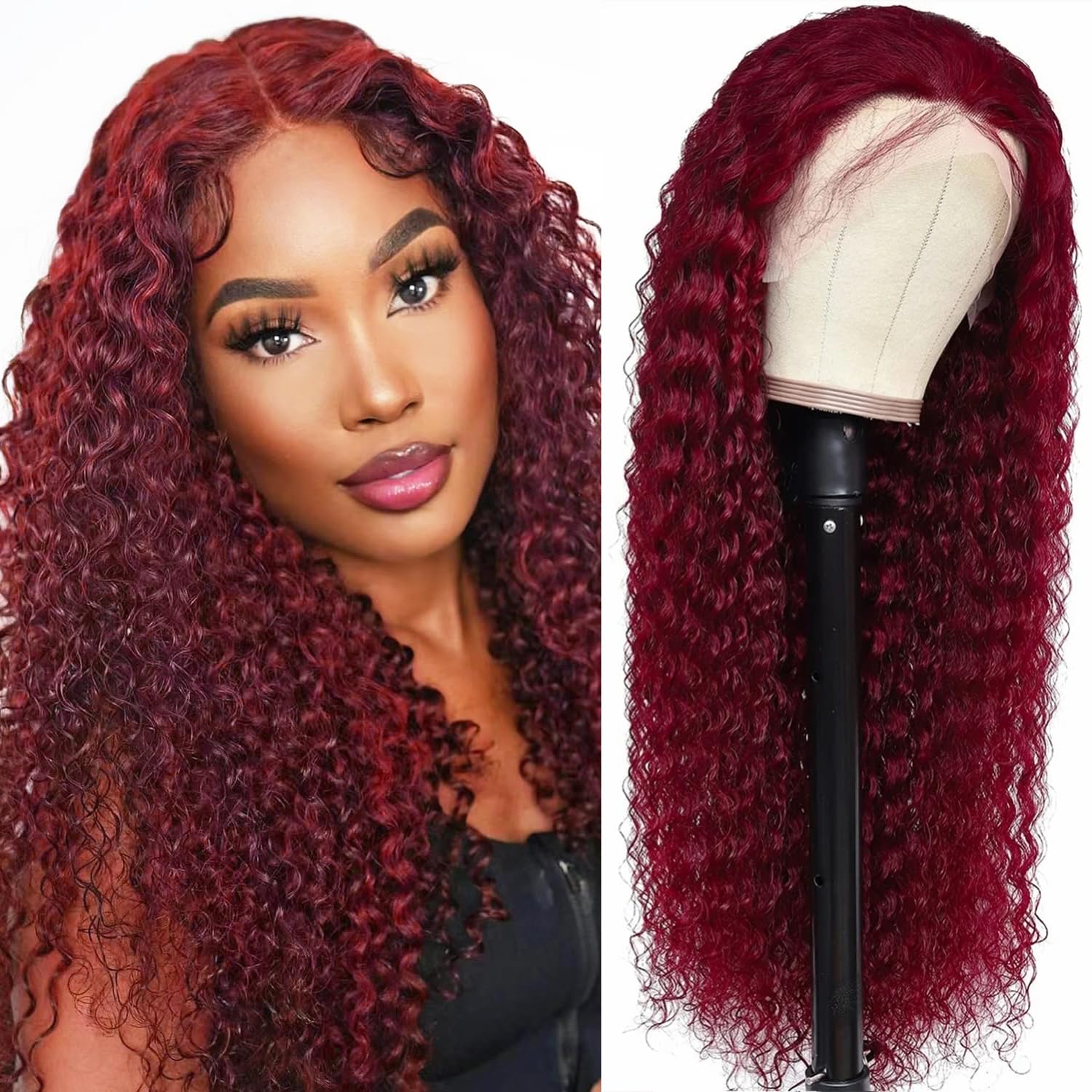 13x6 HD Lace 99j Burgundy Lace Front Wigs Human Hair 20 Inch 200 Density Deep Wave Lace Front Wigs Human Hair Pre Plucked Red Curly Human Hair Wig Glueless Colored Wet And Wavy Deep Wave