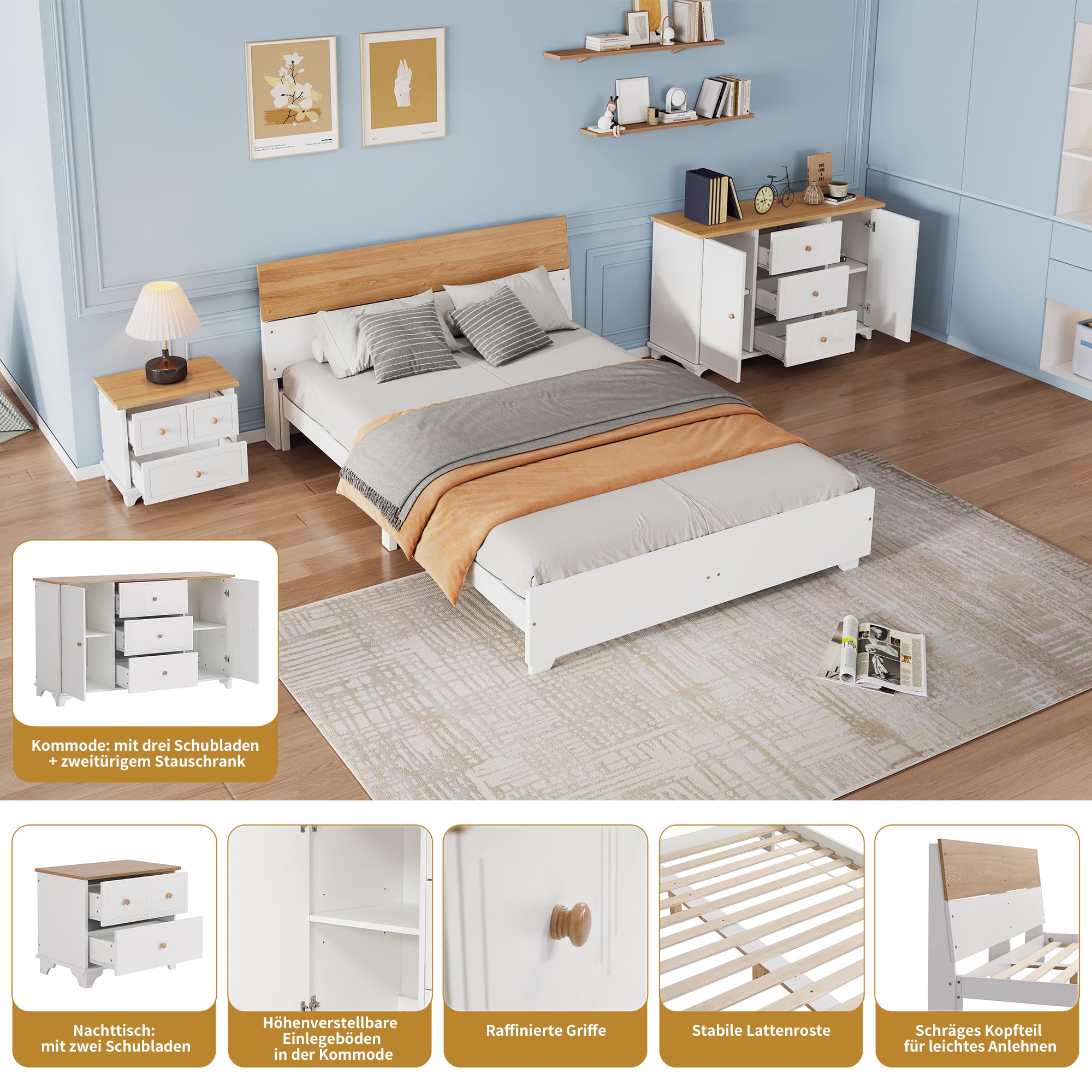 I0I&I0I Juego de dormitorio 3 piezas: cama doble 160 x 200 cm + mesita de noche con 2 cajones + cómoda con 3 cajones y puertas (blanco y natural)