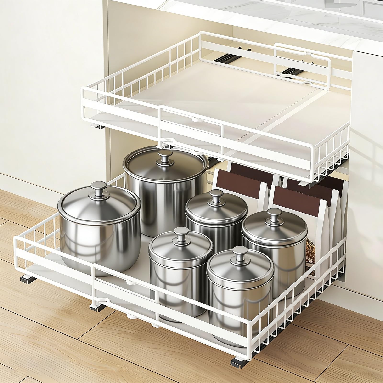 HUOLE Przechowywanie pod zlewem, organizer kuchenny, półka, uchwyt na przyprawy, metalowy przesuwny kosz do przechowywania, do kuchni, łazienki, sypialni (31-49 cm i 32-51 cm) biały)