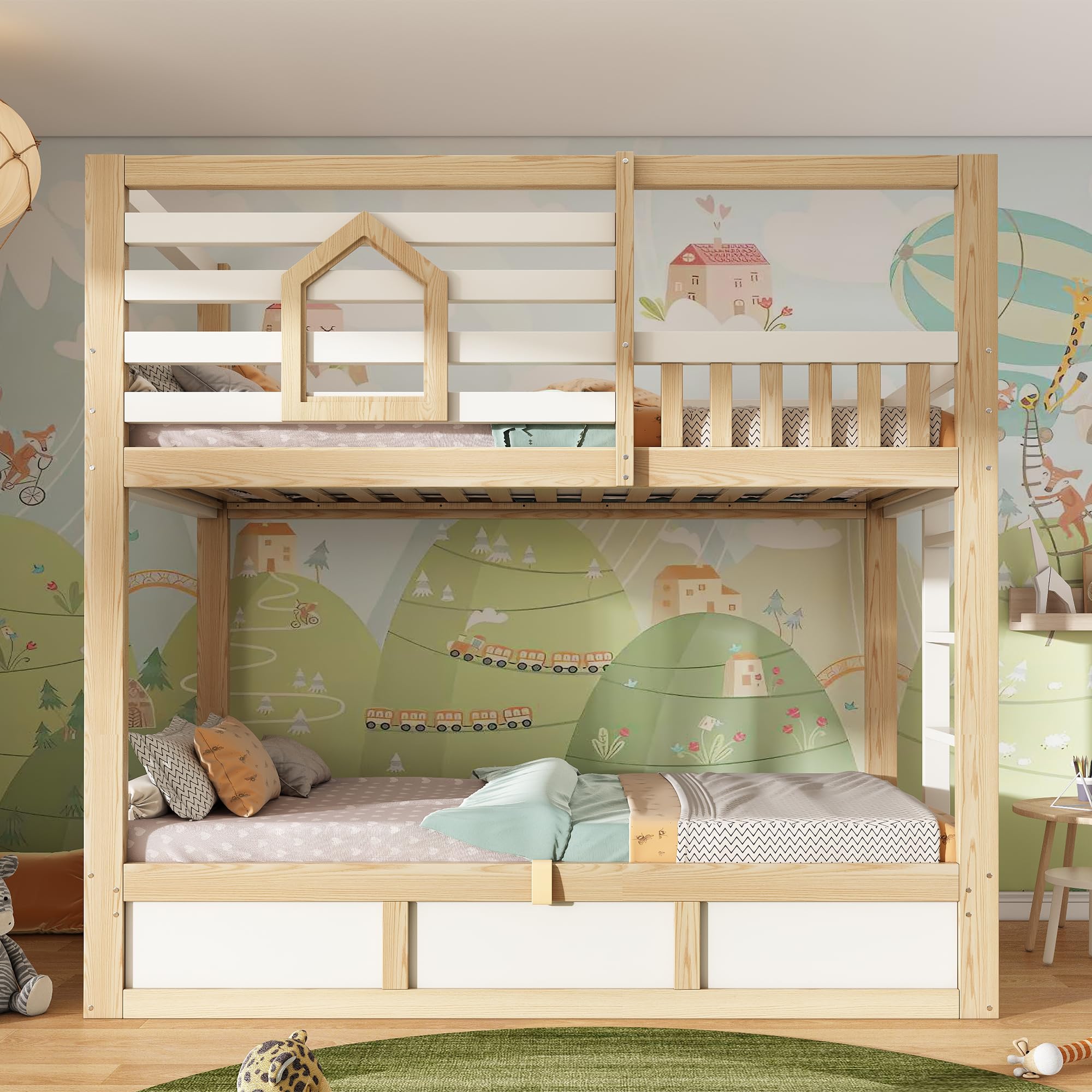 Sapgaks Lit superposé Enfant 90x200 avec fenêtre,barrière de sécurité, échelle Droite,Espace de Rangement hydraulique,lit cabane Enfants,Cadre de lit Enfant 90x200 (G-Blanc+Chêne 90)