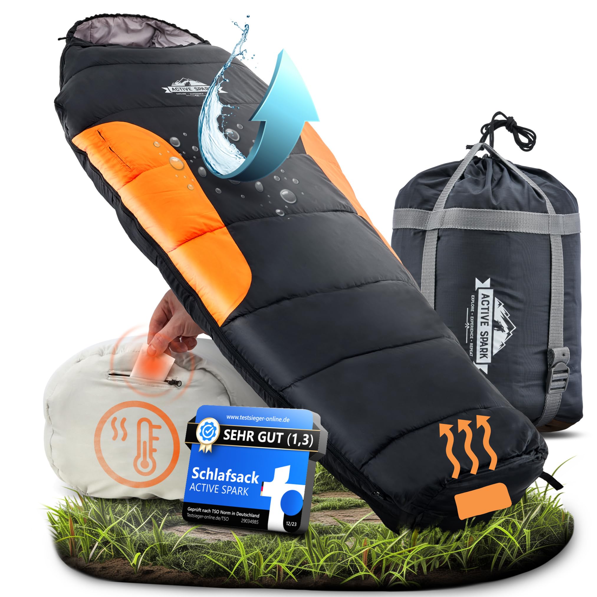 Schlafsack Winter - 3 Jahreszeiten & Sommer, Wasserabweisend & Atmungsaktiv, Nie mehr kalte Füße Dank Taschenwärmer-Tasche, Schlafsack - Hüttenschlafsack, Camping, Sleeping Bag