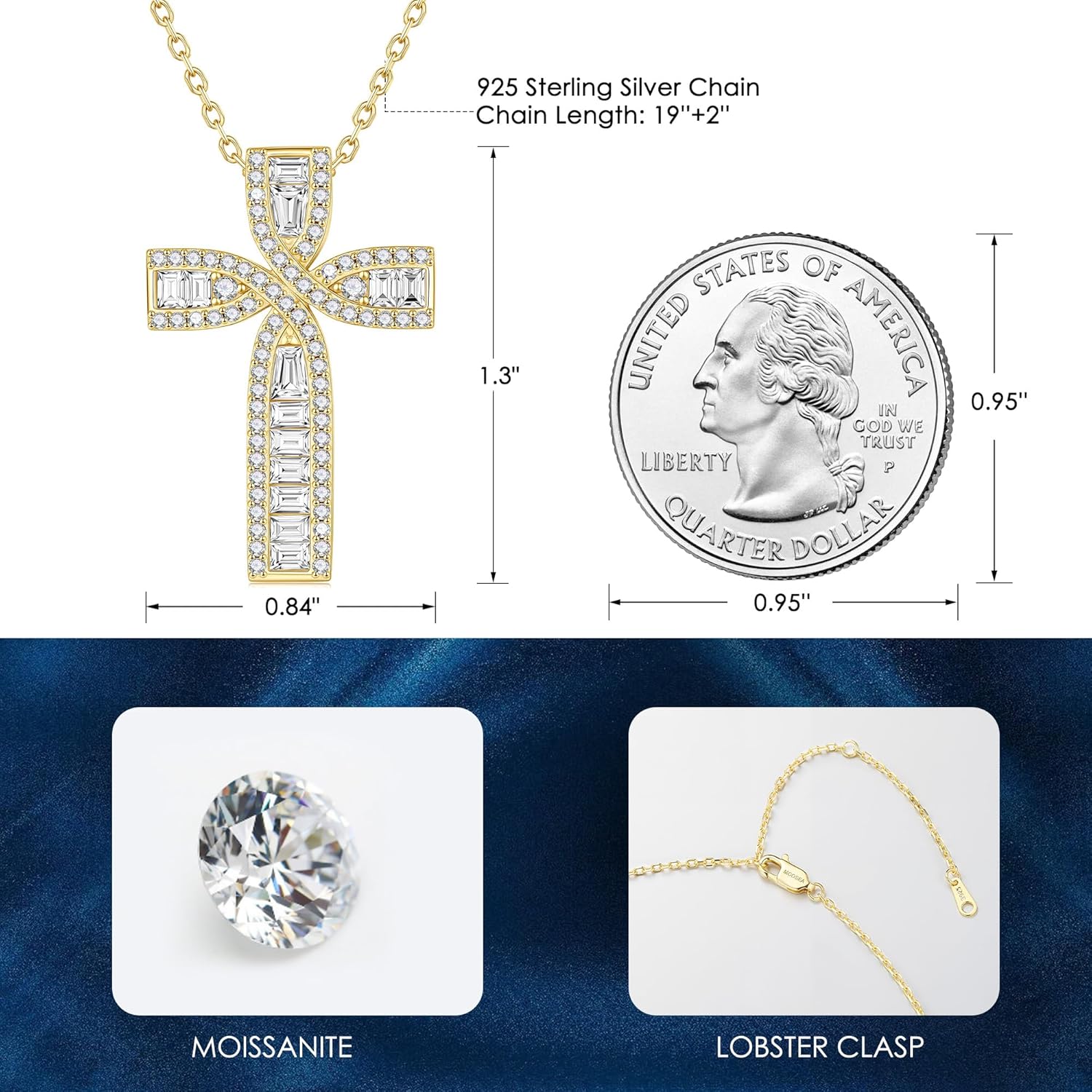 MOOSEA Emerald Cut Moissanite Cross Necklace, 925 Sterling Silver Lab Created Moissanite Necklace, Faith Pendant Christian Gifts for Women Anniversary Birthday Jewelry Gifts