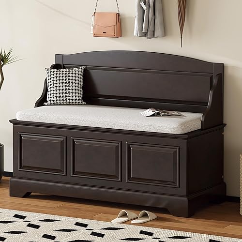 Miniatura 27 de P PURLOVE Banco de almacenamiento de estilo rústico de 42 pulgadas con bisagra de seguridad, banco de almacenamiento multifuncional de madera maciza