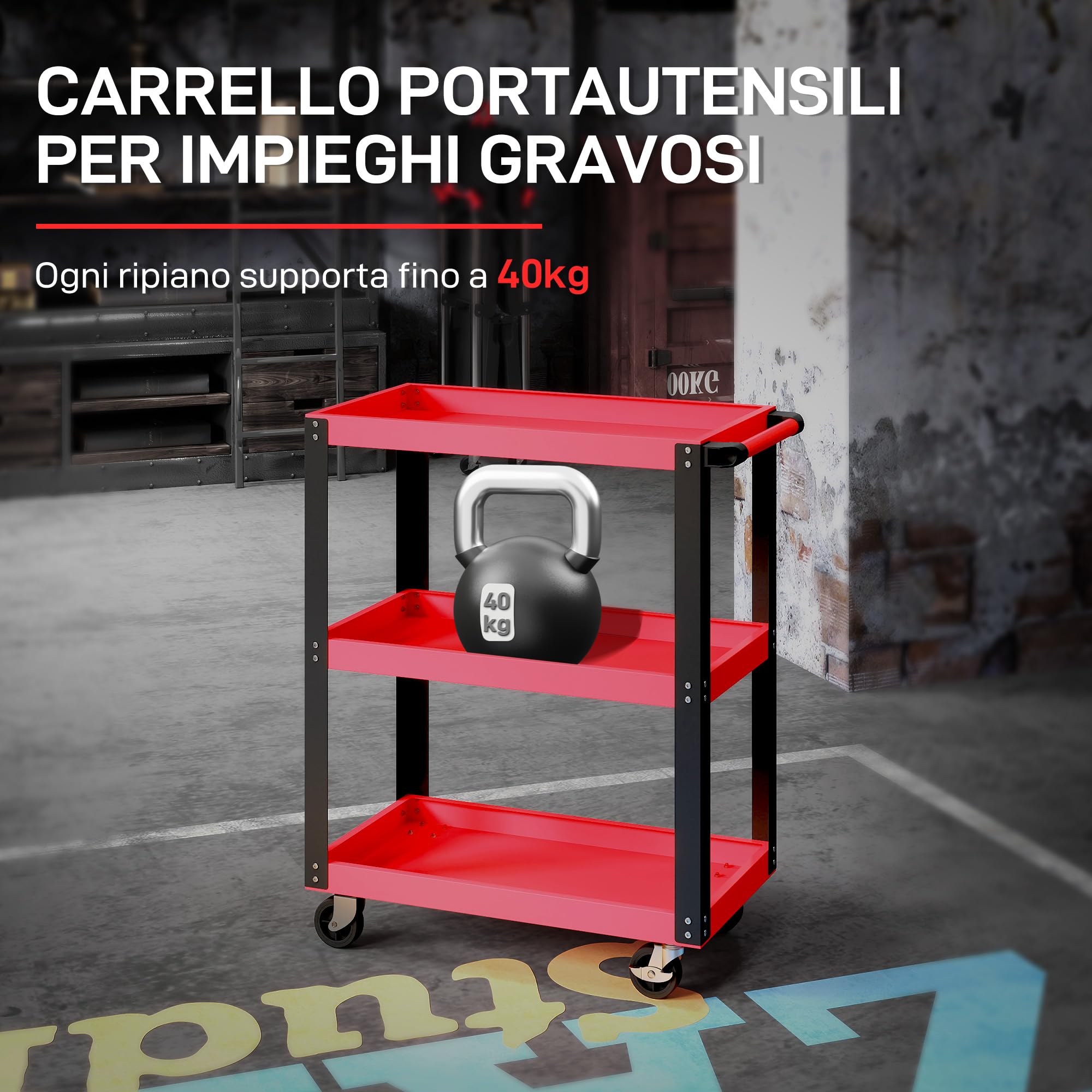 HOMCOM Carrello Porta Attrezzi a 3 Ripiani con Bordi Rialzati, Ruote a Freno e Maniglia, Carrello Portautensili in Metallo e PP, 70.5x35x82.5 cm, Rosso e Nero