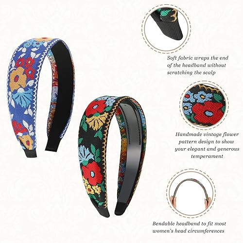 Miniatura 6 de Geosar Paquete de 9 diademas bordadas bohemias para mujer, bohemia, floral, hechas a mano, anchas, estilo étnico, estilo étnico, turbante para