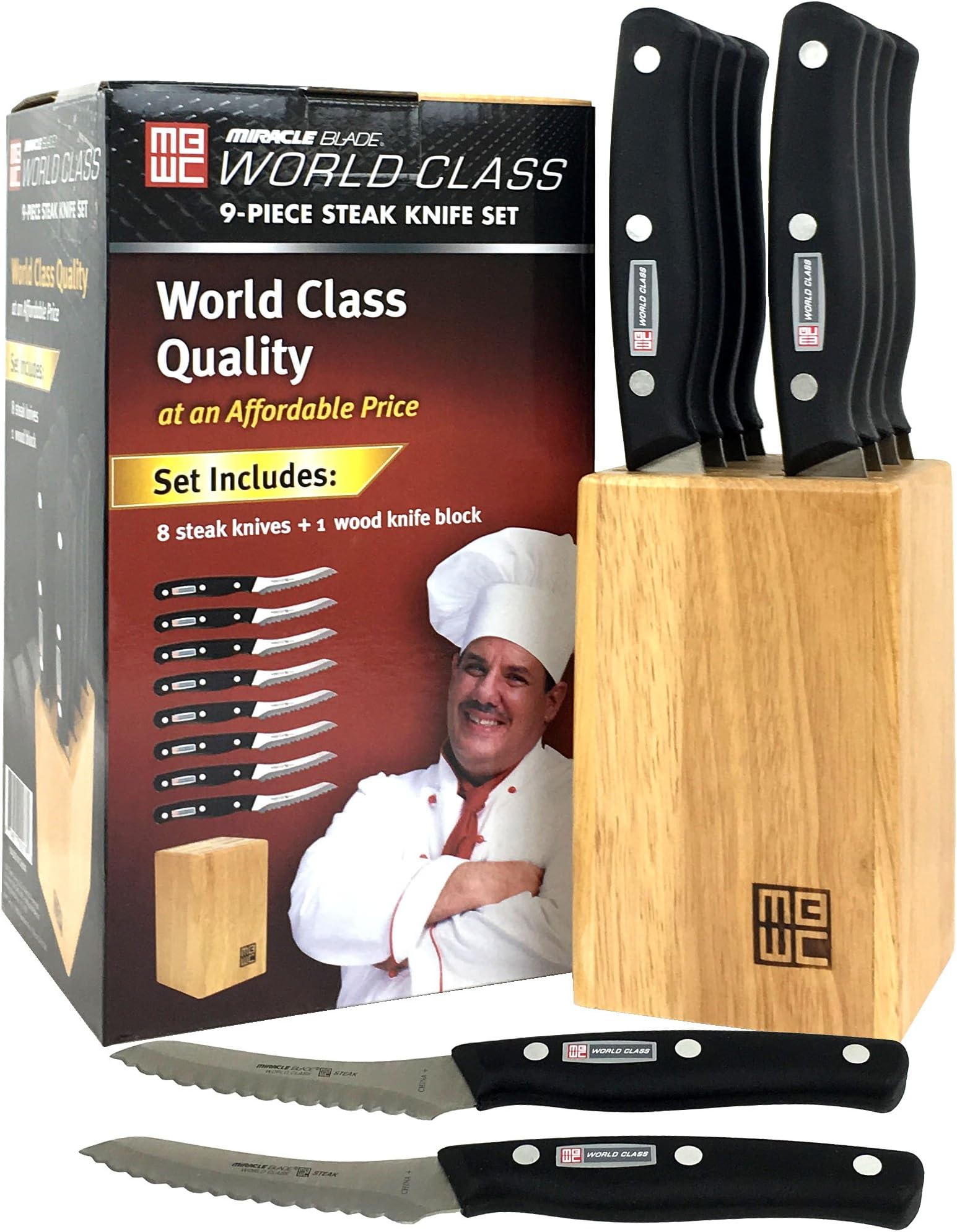 Miracle Blade World Class Quality 4'' Steak Knife Set, 9 Piece: 8 Steak Knives with a Mini Wood Block