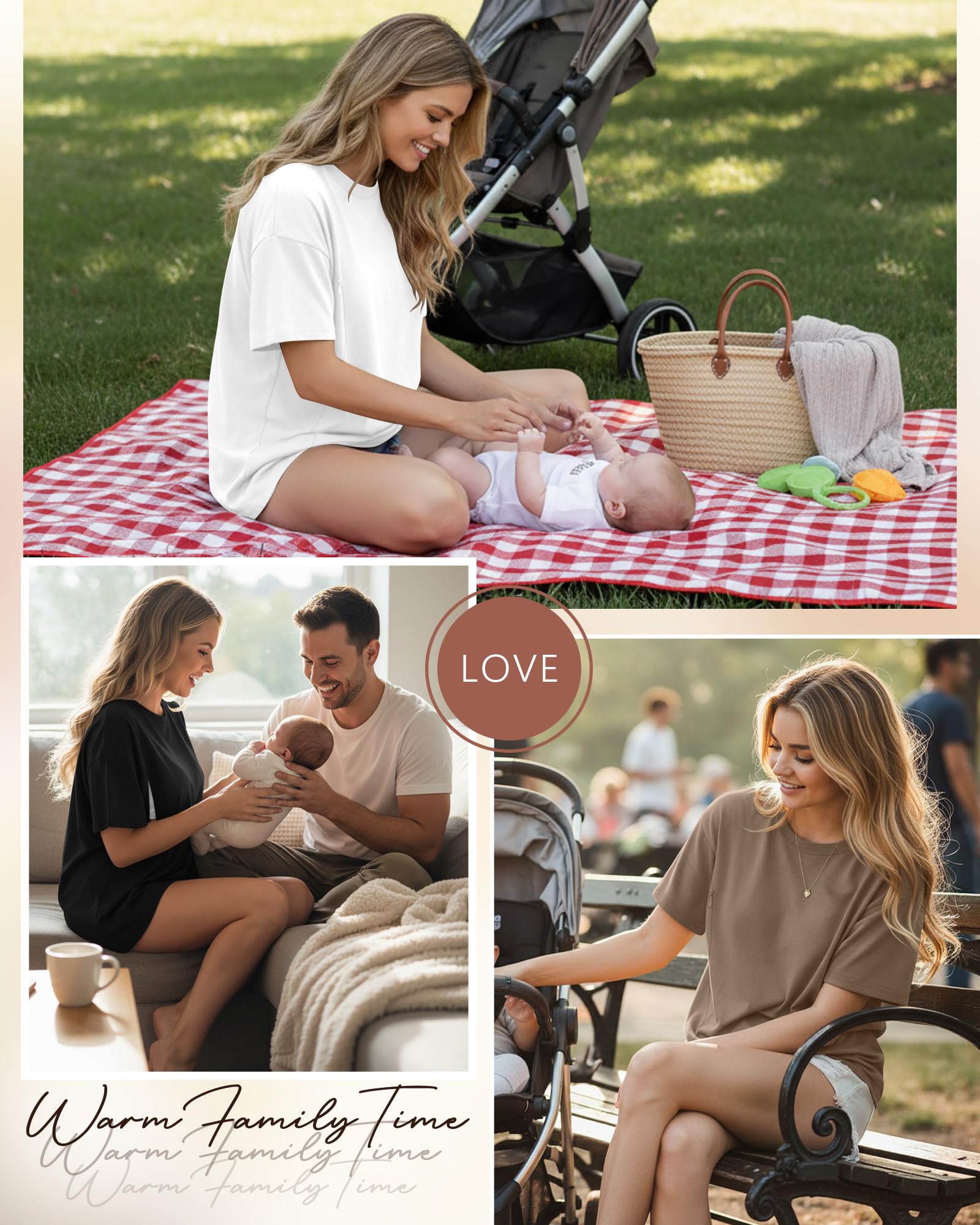 Xuniea 3er Pack Bequeme Weiche Umstands-Stillshirts für Damen Oversize Kurzarm Versteckter Reißverschluss Lockere Passform