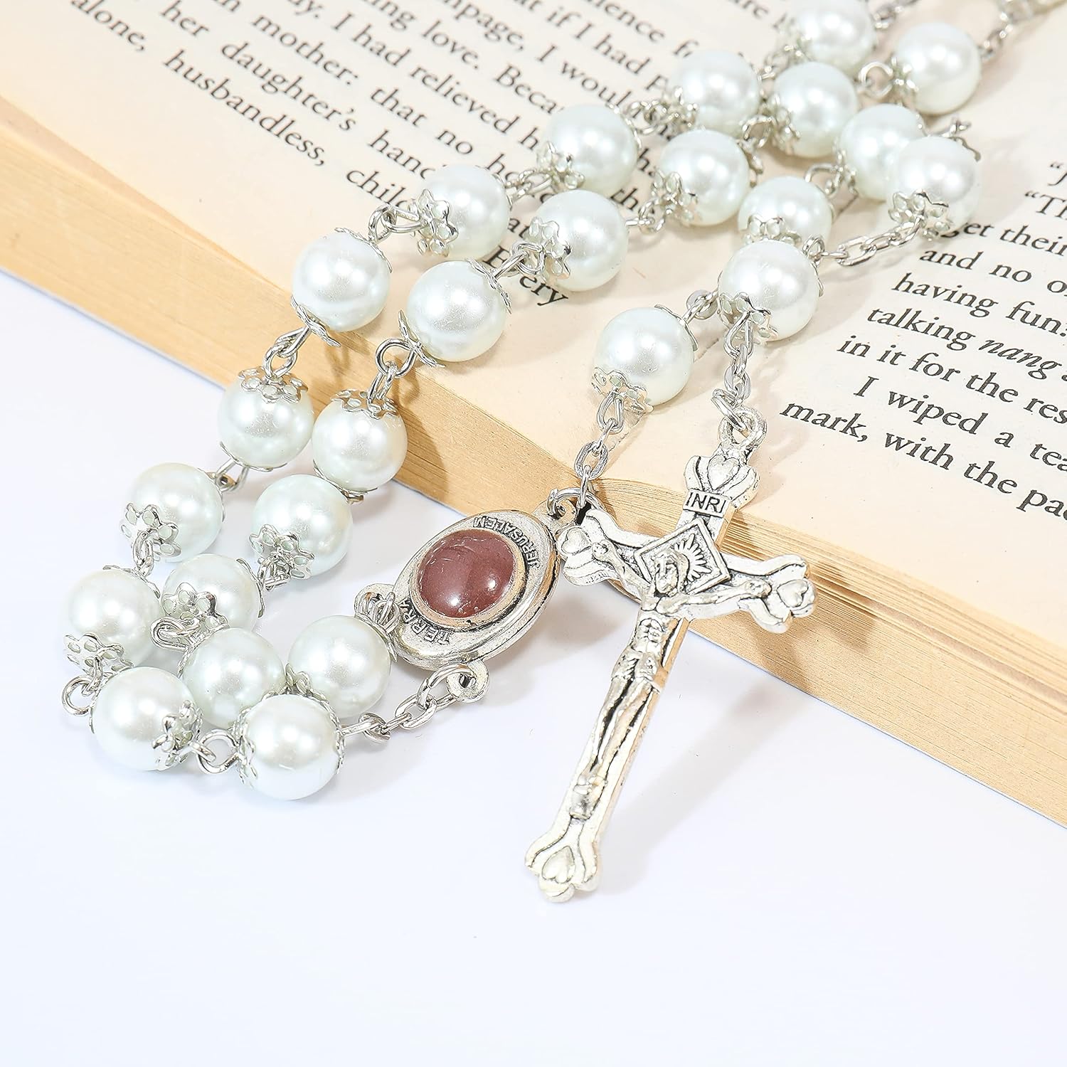 Nazareth Store Wedding White Pearl Beads Rosary Handcrafted Prayer Necklace with Holy Soil Medal and Jesus Cross Crucifix - Image 3