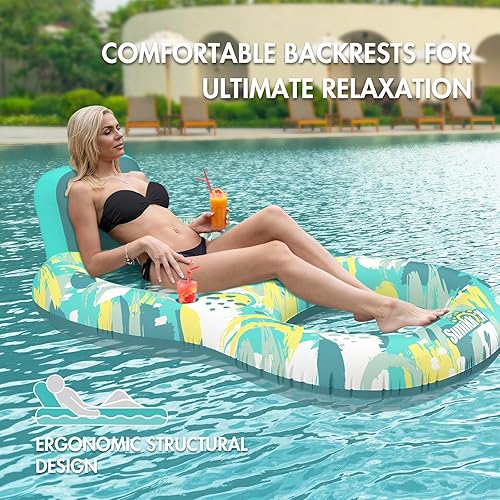 Miniatura 4 de Flotadores de piscina para adultos con respaldo y 2 portavasos, silla inflable de lujo, flotadores de silla de piscina divertidos para verano,