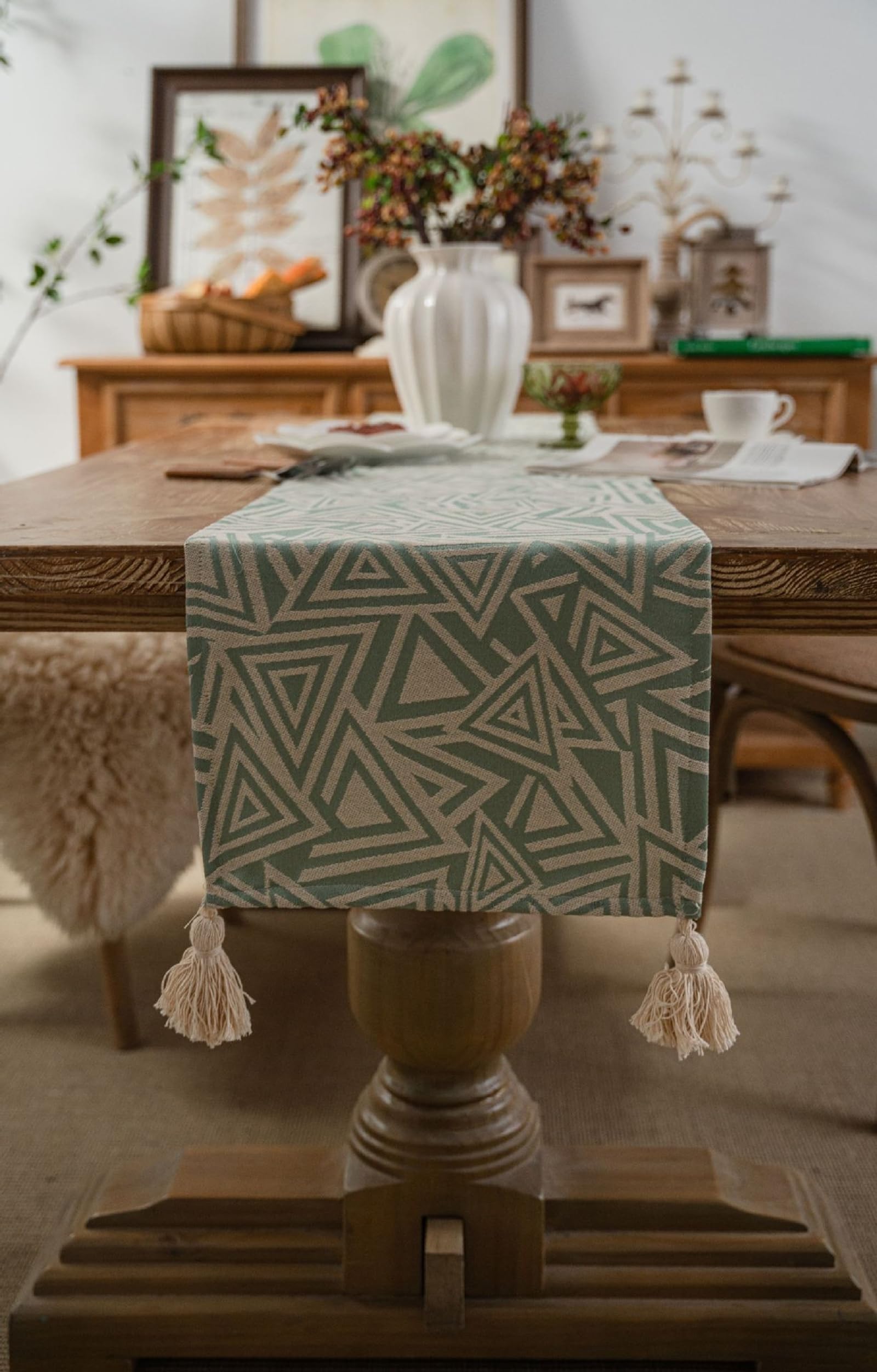 Runner da Tavolo Poliestere Cotone 33x350 cm, Runner da Tavola Moderno Lavabile Motivo Triangolo Jacquard con Nappe Decorazioni per Tavolino da Compleanni Matrimoni, Verde