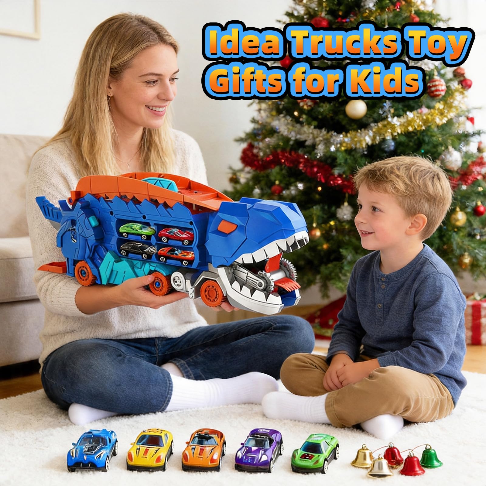 Xylota Dinosaurier Transport Truck Spielzeug für Jungen ab 3 4 5 6 7 Jahren – 2-in-1 Rennstrecke zum Umklappen mit 12 Pull-Back Autos & Dinos, Geschenkbox inklusive (Blau)