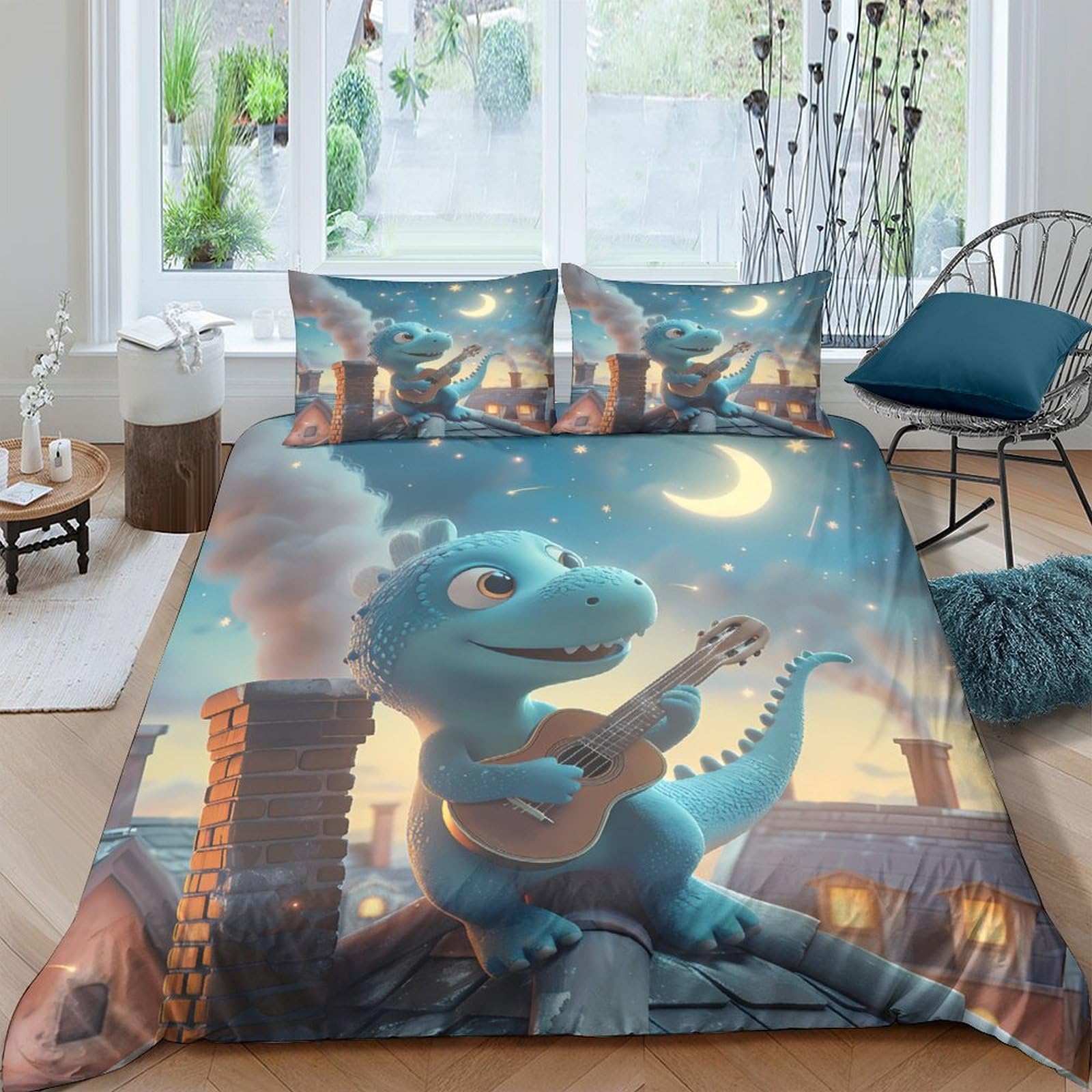 Ctjqhvkz Style-7 3D Printed Blue Cartoon Dinosaur Fitted Sheet Microfiber Soft Breathable Night Guitar Mattress Cover For Bedroom Dorm Decor Single（135X200cm）