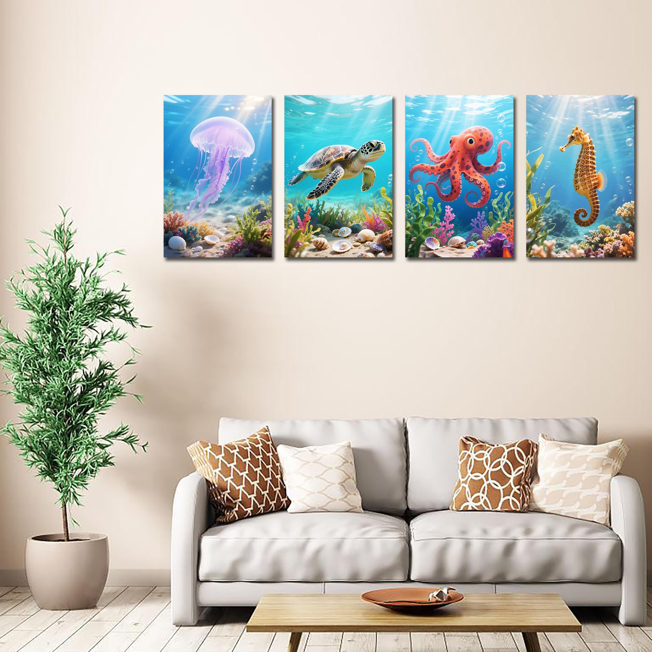 Fokenzary Kit de Pintura por Números para Adultos DIY Tortuga Marina Animal Marino Lienzo Conjunto para Principiantes con Caballete y Pinturas Acrílicas con Marco (20x30cm x 4pcs) - 3