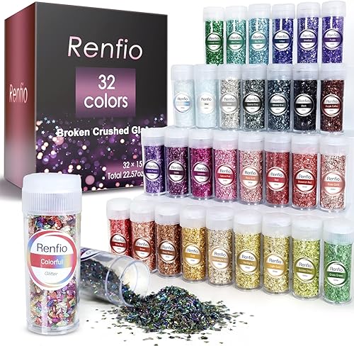 Renfio Fragancias de cristal triturado con purpurina de 2 a 0.157in, irregulares, pequeñas y gruesas, 3.5 onzas (3.53oz), grava de lentejuelas de