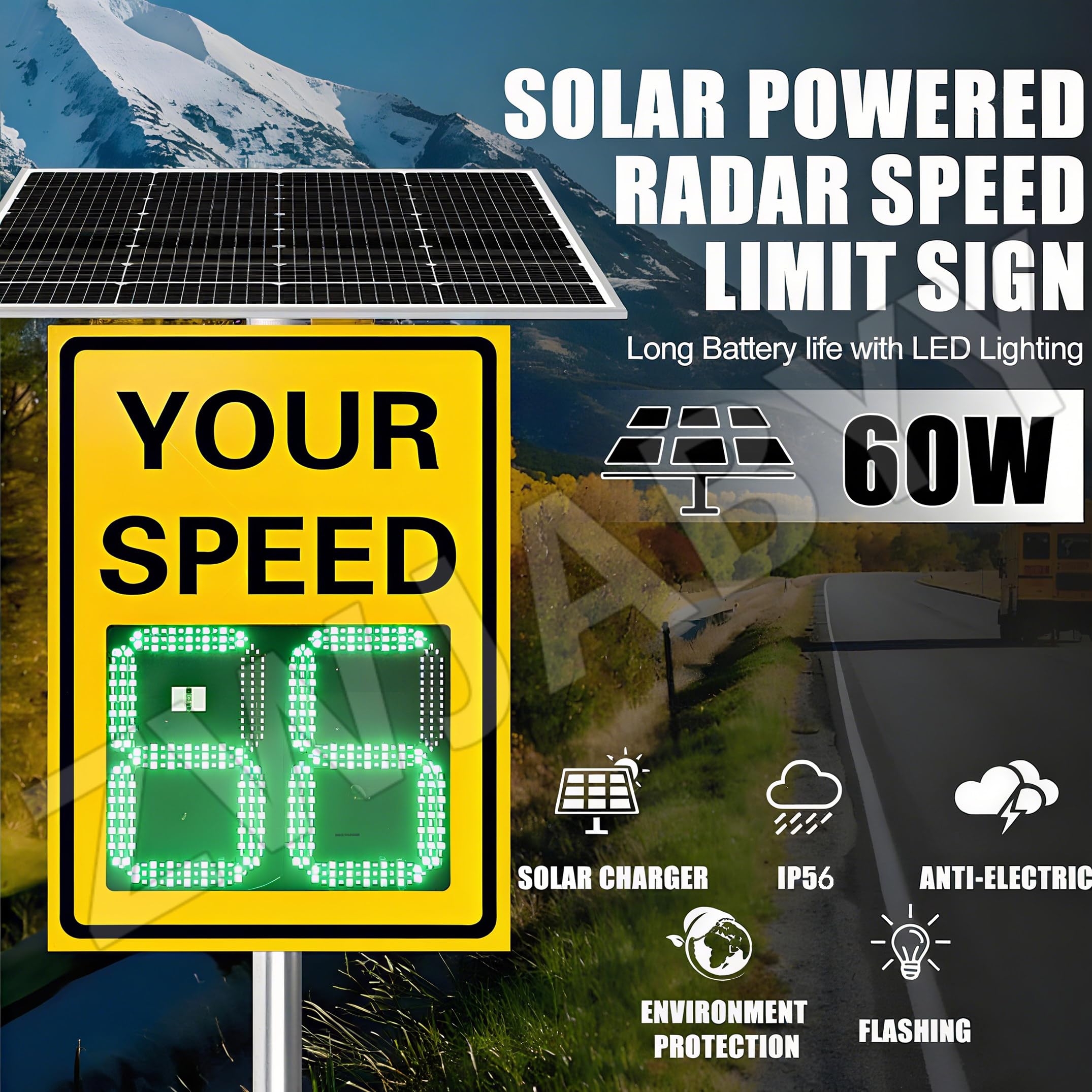Señal de retroalimentación de radar alimentada por energía solar, pantalla LED digital para carreteras, parques industriales, señal de límite de velocidad de seguridad de tráfico