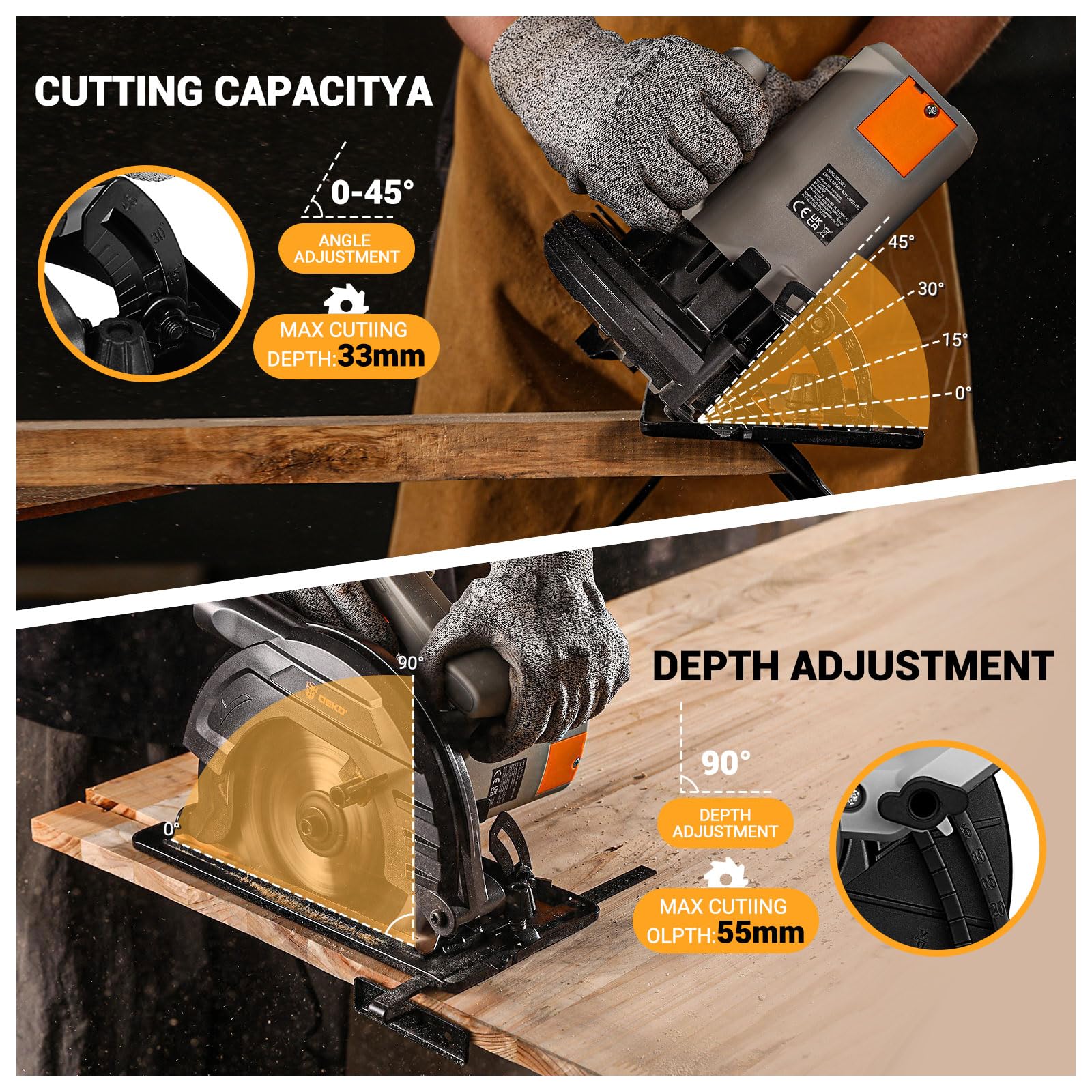 Sierra Circular 1200W: DEKOPRO Sierra Circular con Guia, 4800 RPM, Hoja de sierra Ø165mm(24T)，Profundidad máxima de corte 55mm (90°), 33mm (45°), Incluye guía, Apta para Cortar Madera