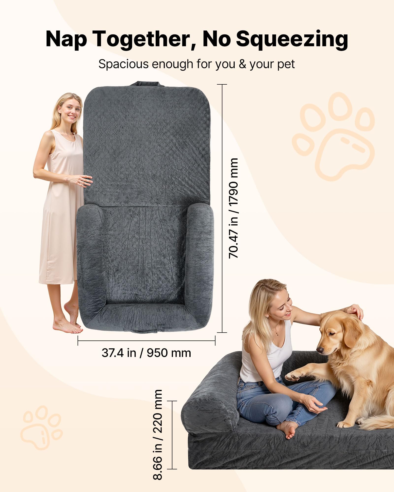 VEVOR Cama para Perros Rectangular, 179 x 95 x 22 cm, Ortopédica, de Espuma Viscoelástica, Tamaño Humano, con Bolsillo Lateral, Asa y Cremallera, Funda Extraíble y Lavable a Máquina, Gris Oscuro