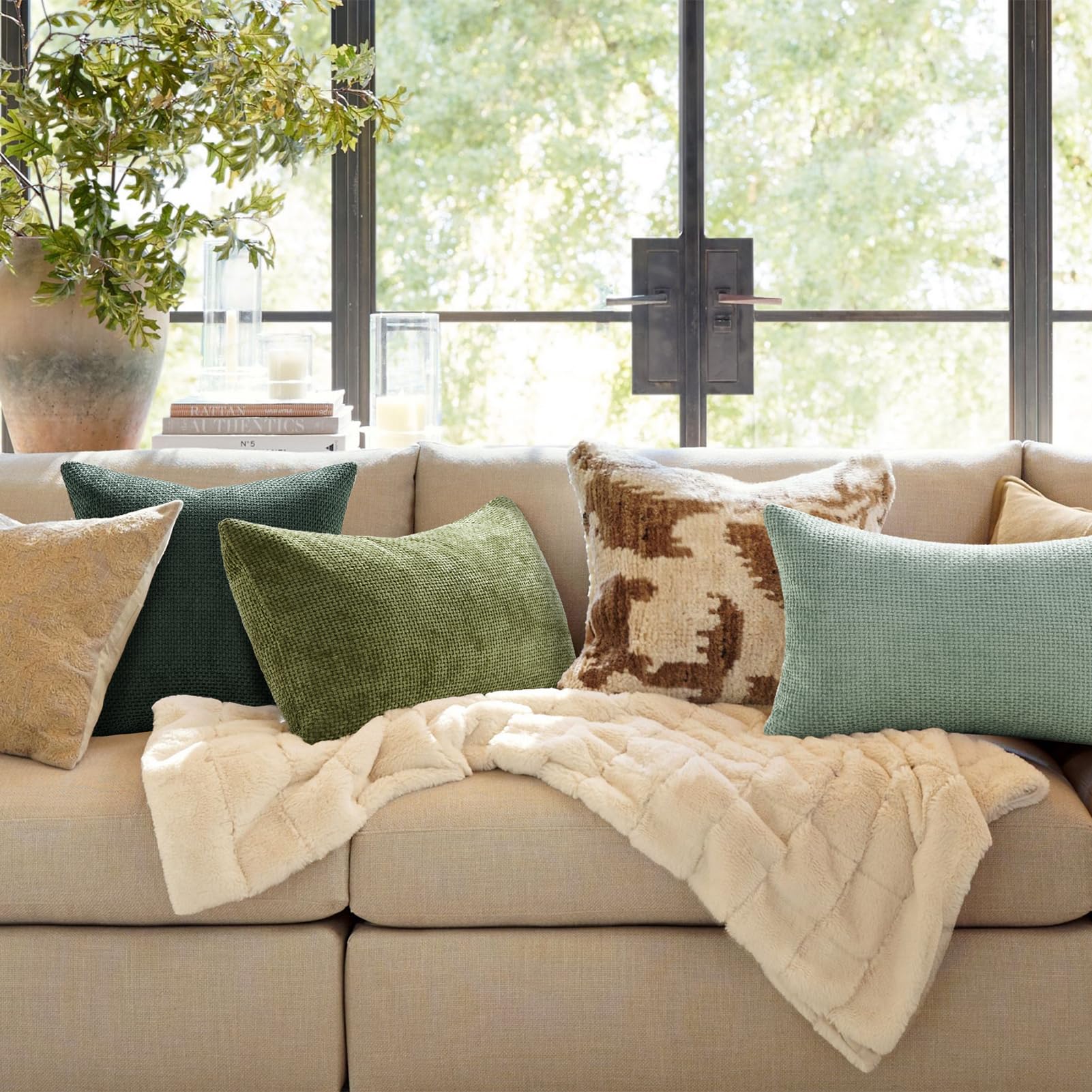 Topfinel Kissenbezug 40x40 Kissenbezüge Grün 4er Set Chenille Kissenhülle Sofakissen Dekokissen Zierkissenhülle Dekokissenbezug Rattan Webstil Design für Sofa Wohnzimmer Schlafzimmer Balkon Kinder