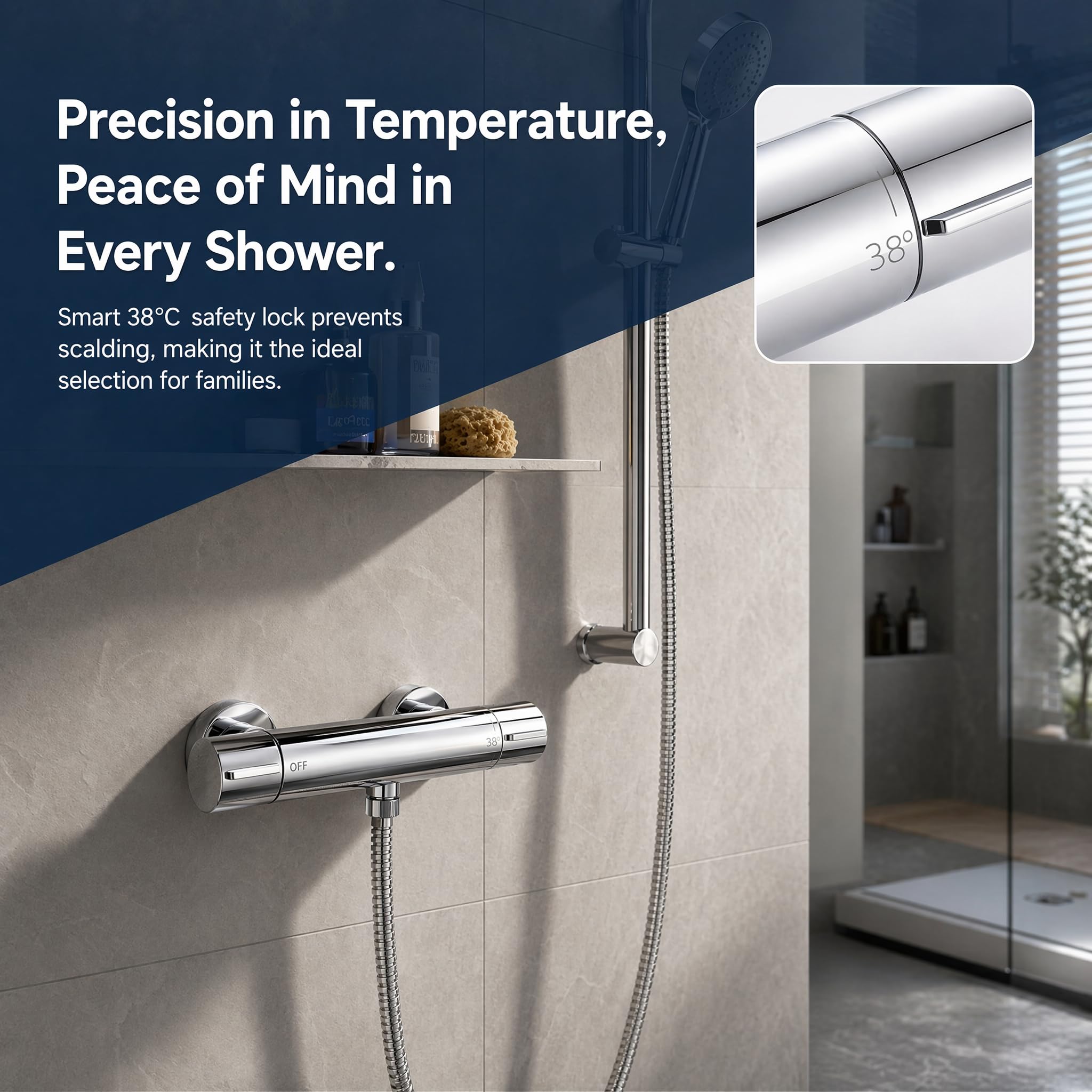Mezclador de Ducha Termostático 38℃ SalidaG1/2 Cromo Cuerpo de Latón | Núcleo de Cobre Puro,Revestimiento interior sin Plomo,Salida G1/2" Grifo de Ducha Latón Montado en Pared para Baño y Bañera
