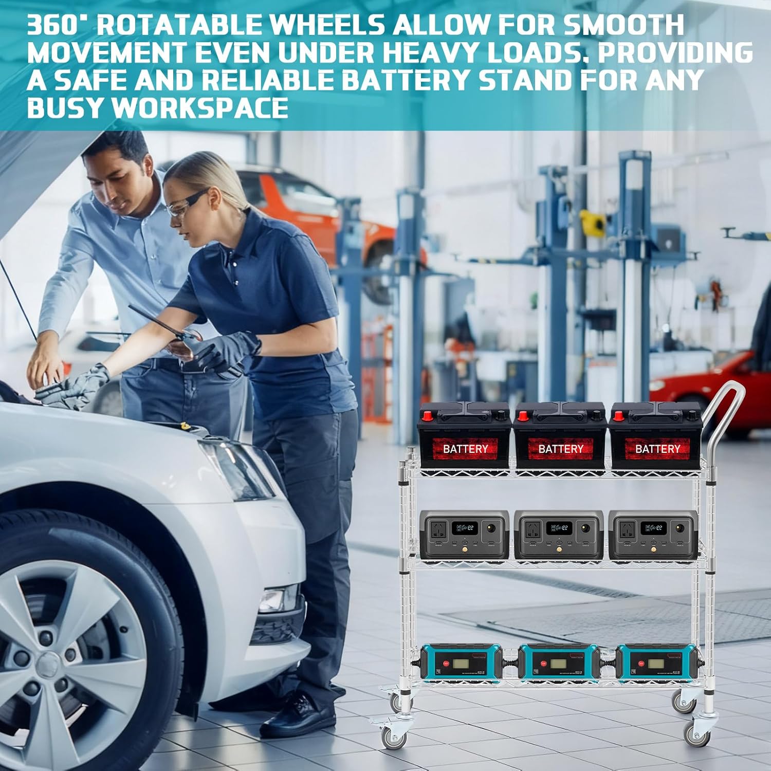 Rolling Battery Rack Adjustable Height Car Battery Display Shelf with Wheels Holds 12 Batteries Supports 330 Pounds Server Batteries Organizer for Boat Motorcycle Lithium Storage