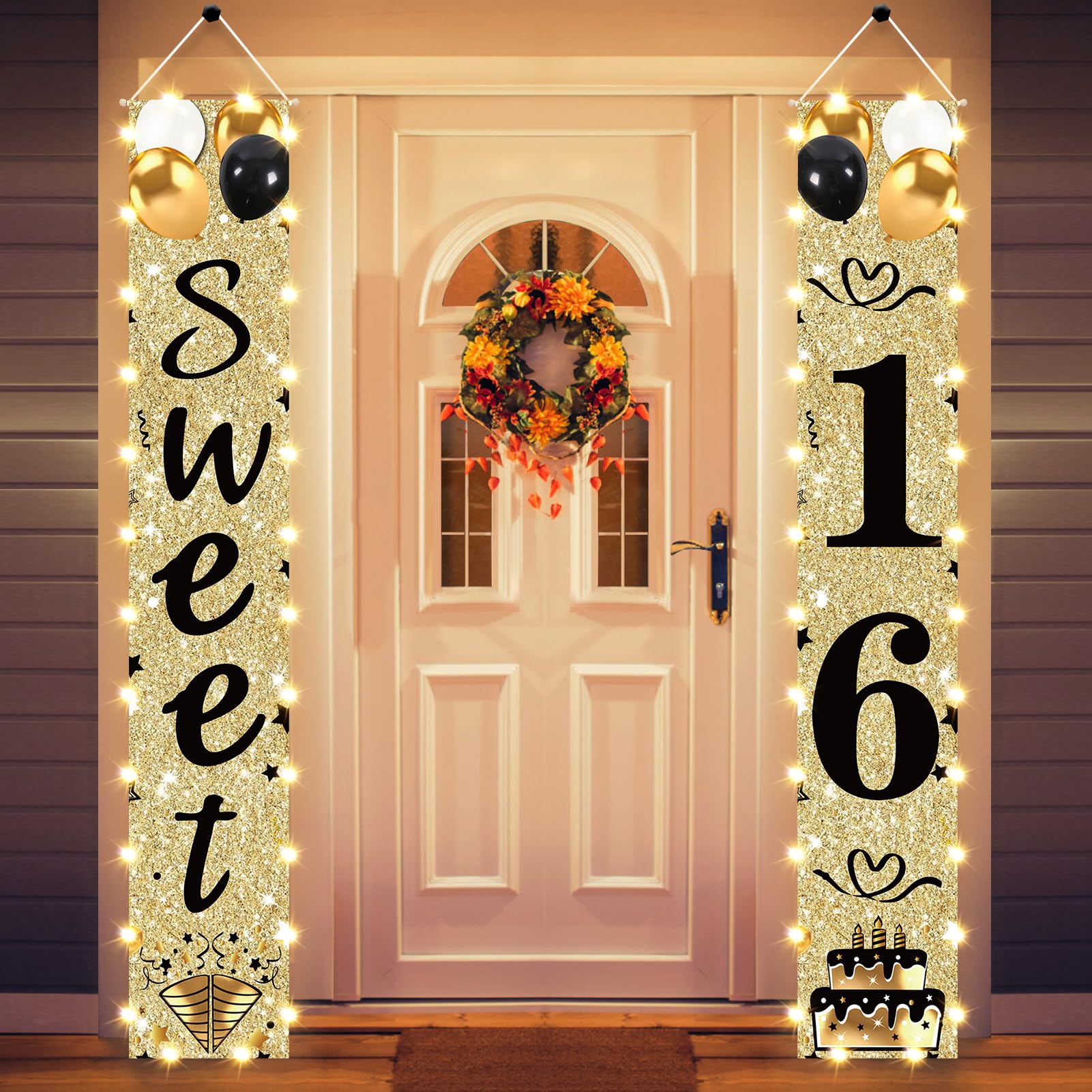 Photo 1 of 16th Birthday Party Banner Lighted Decorations for Girls Women-Gold Black Vintage Sweet 16 Birthday Door Banners with LED Light, Cheers to 16 Years Old Birthday Party Supplies Decor