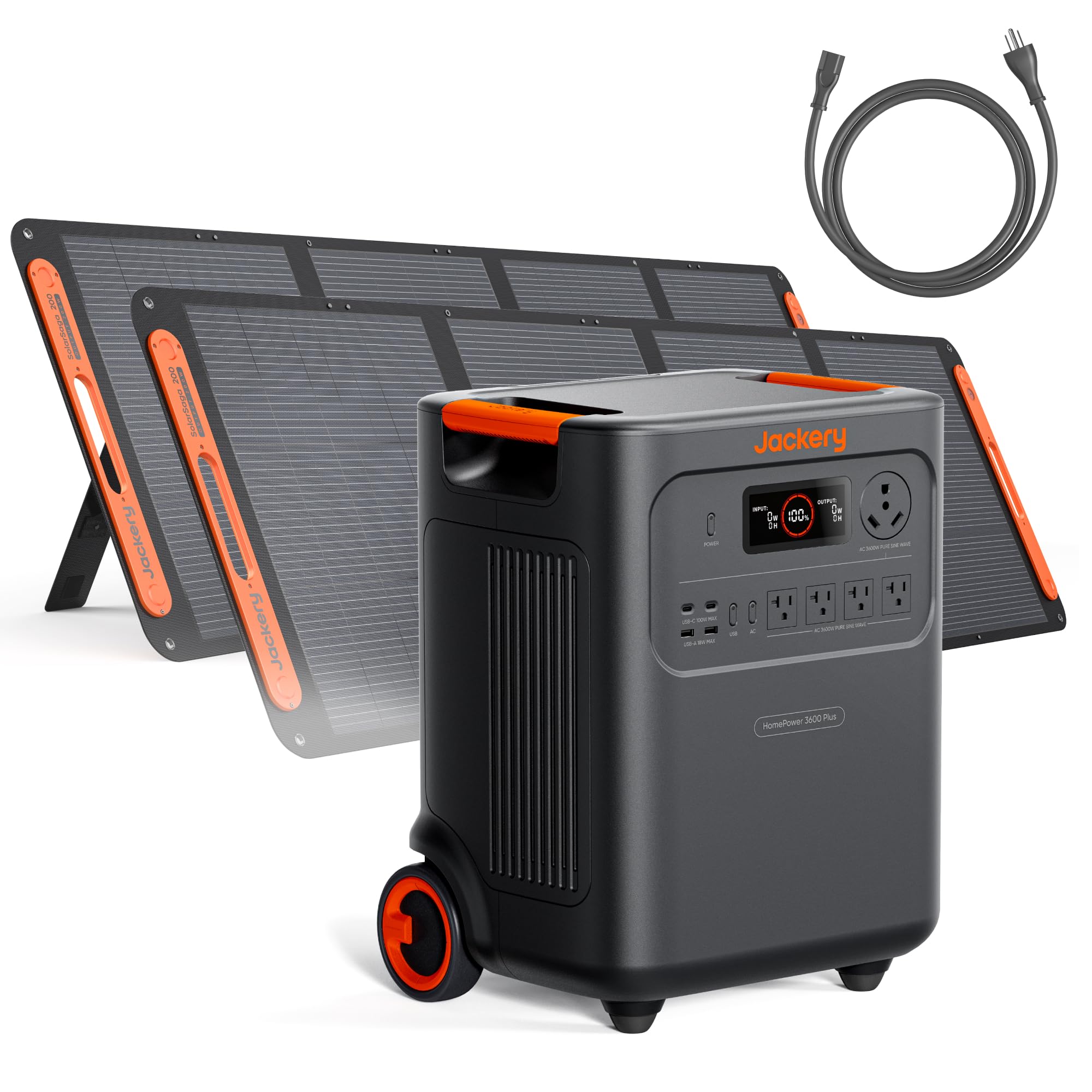 Jackery HomePower 3600 Plus Portable Power Station with AC Cable and 2x 200W Solar Panels, 3600W AC Output, 3584Wh Solar Generator, Expandable up to 43kWh, Essential Home Backup for Home Use